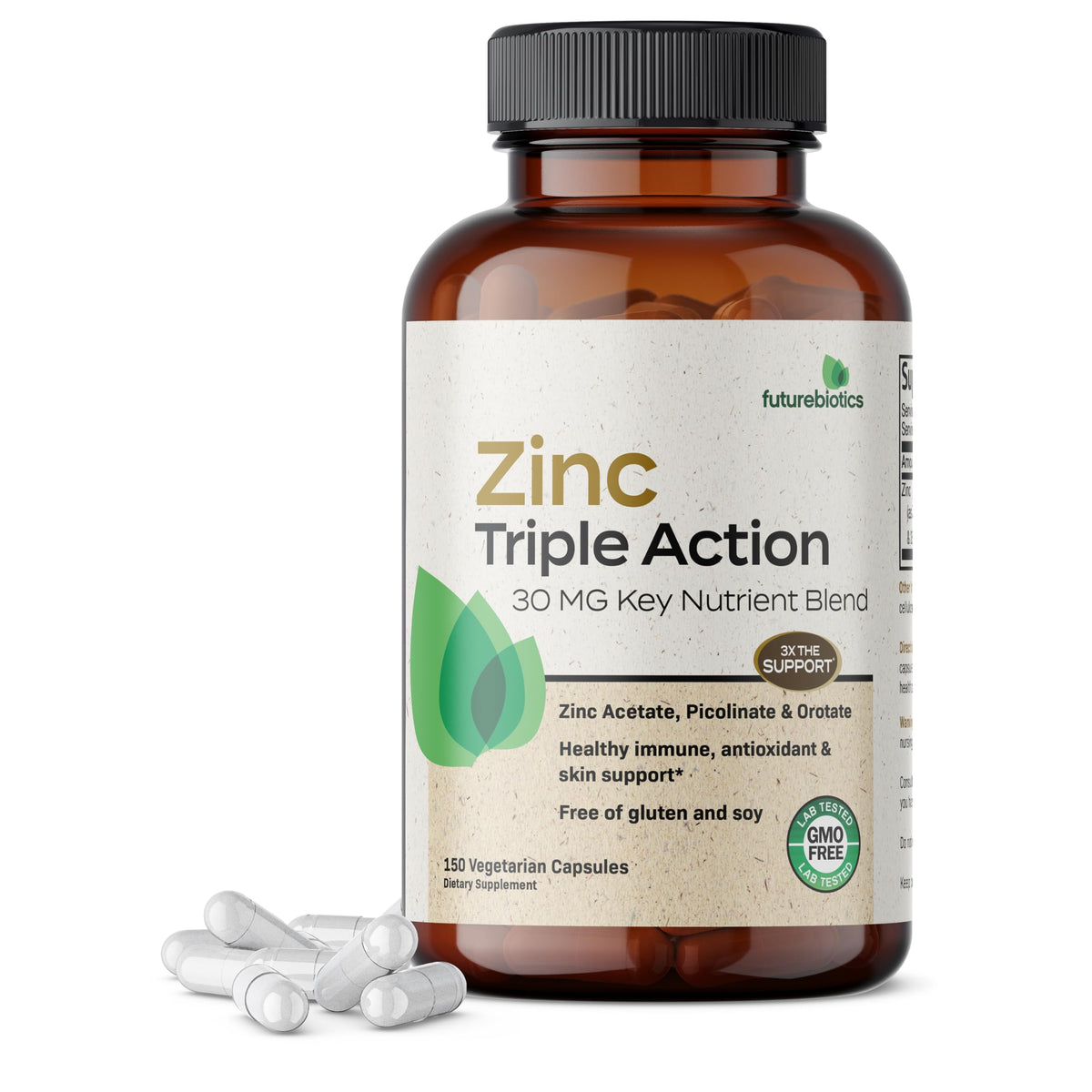 Futurebiotics Zinc Triple Action, botella frontal, posibles beneficios para la salud inmune.