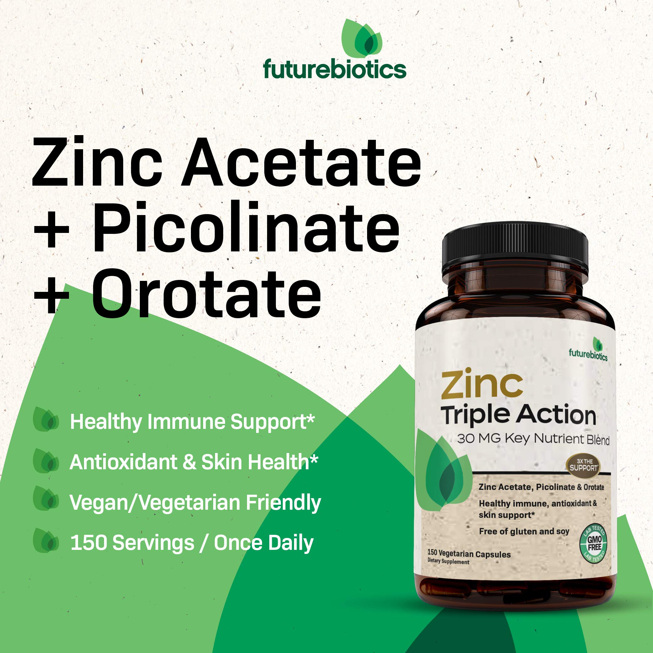 Futurebiotics Zinc Triple Action, envase abierto, fácil de medir la dosis diaria.