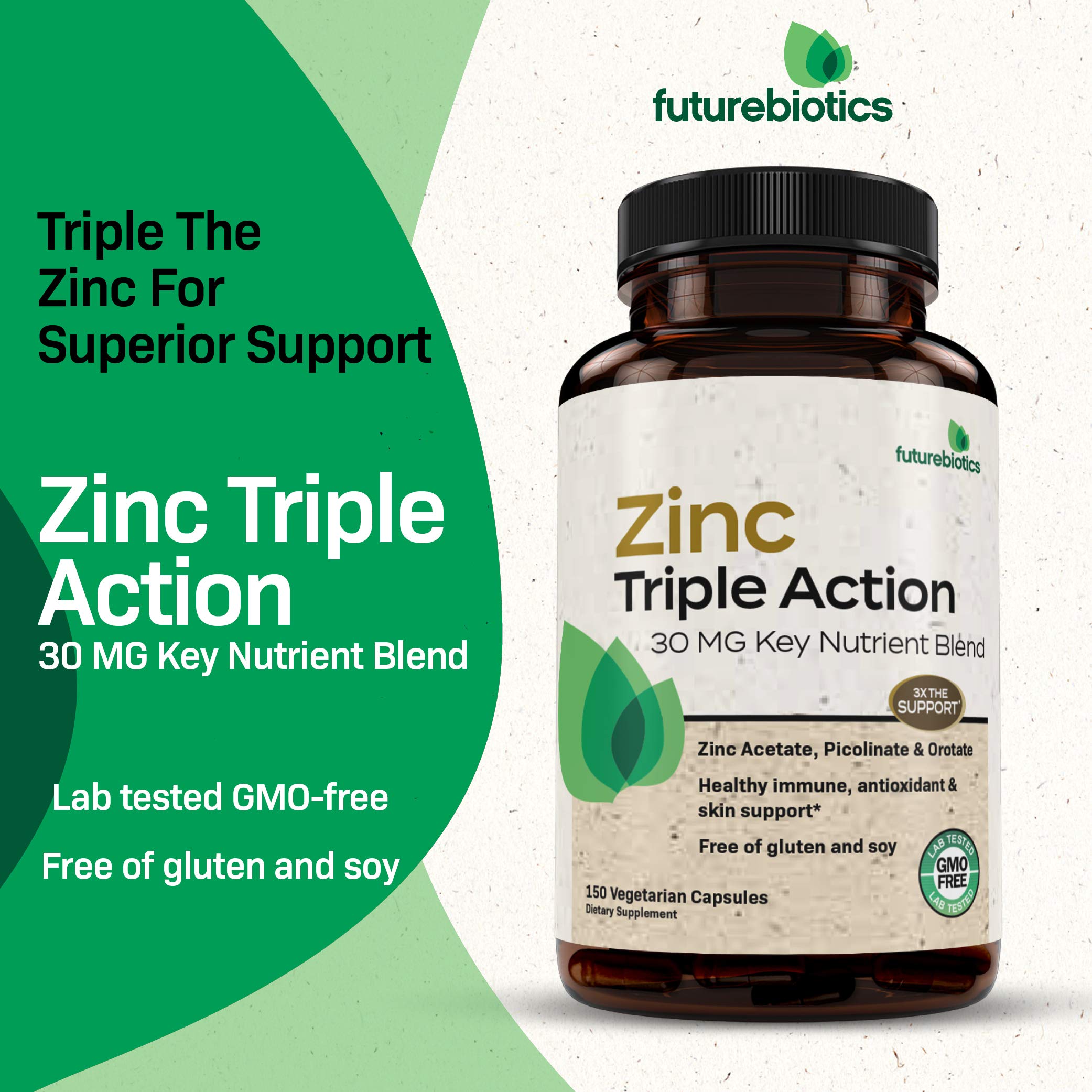 Futurebiotics Zinc Triple Action, etiqueta frontal, información clara de ingredientes clave.