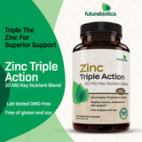 Futurebiotics Zinc Triple Action, etiqueta frontal, información clara de ingredientes clave.