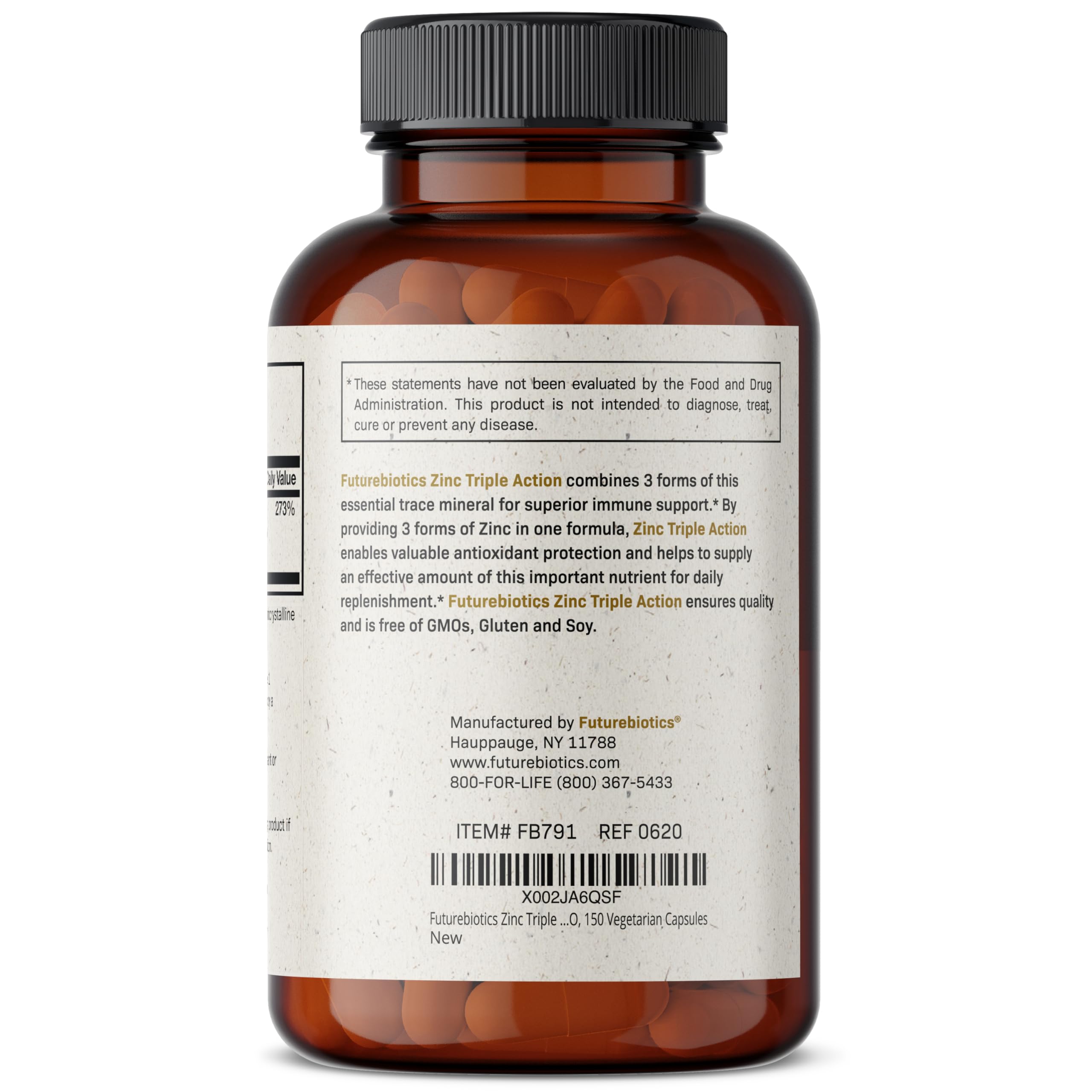 Futurebiotics Zinc Triple Action, ingredientes clave, zinc acetato, picolato y orotato.