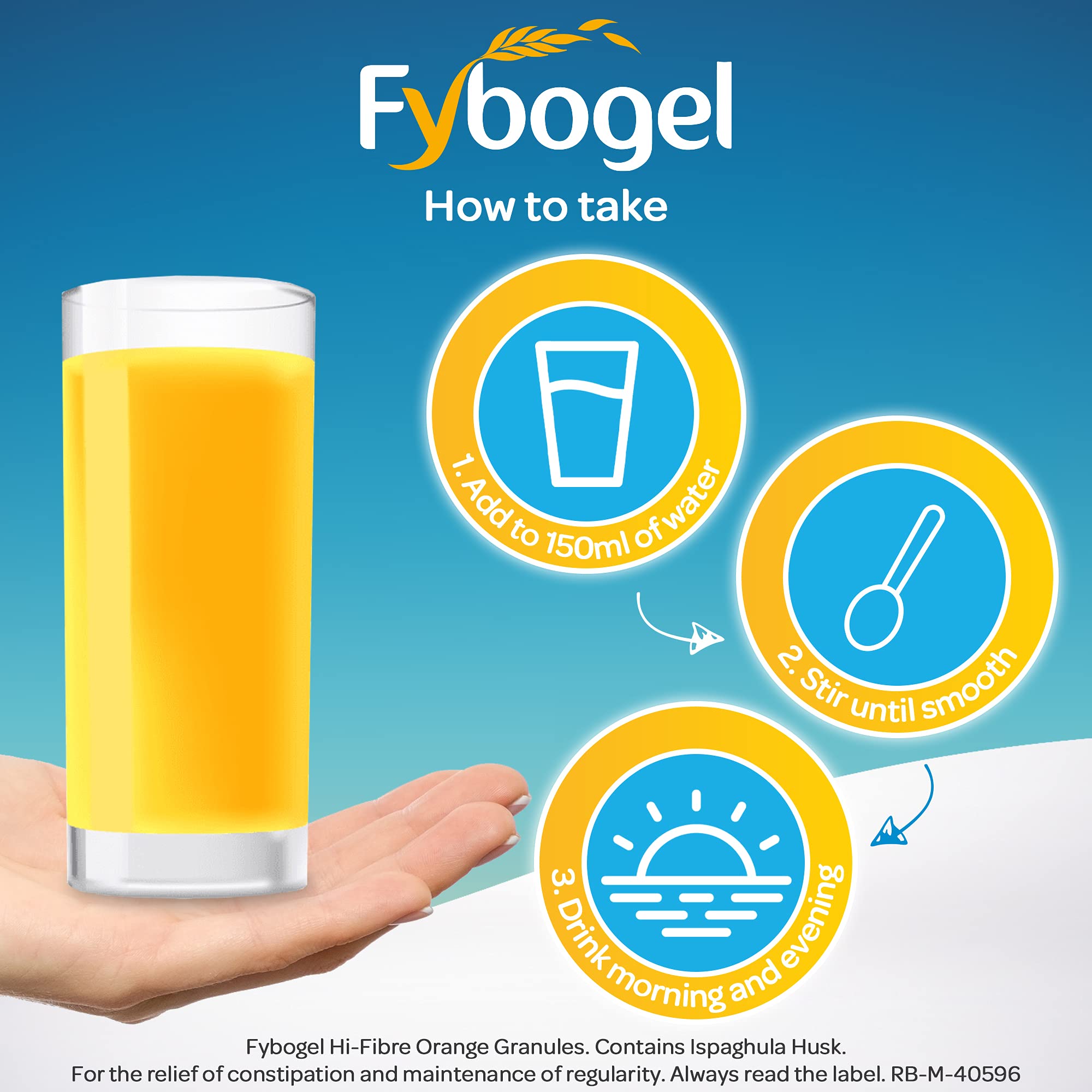 Fybogel, etiqueta y empaque naranja destacando la fibra suave.