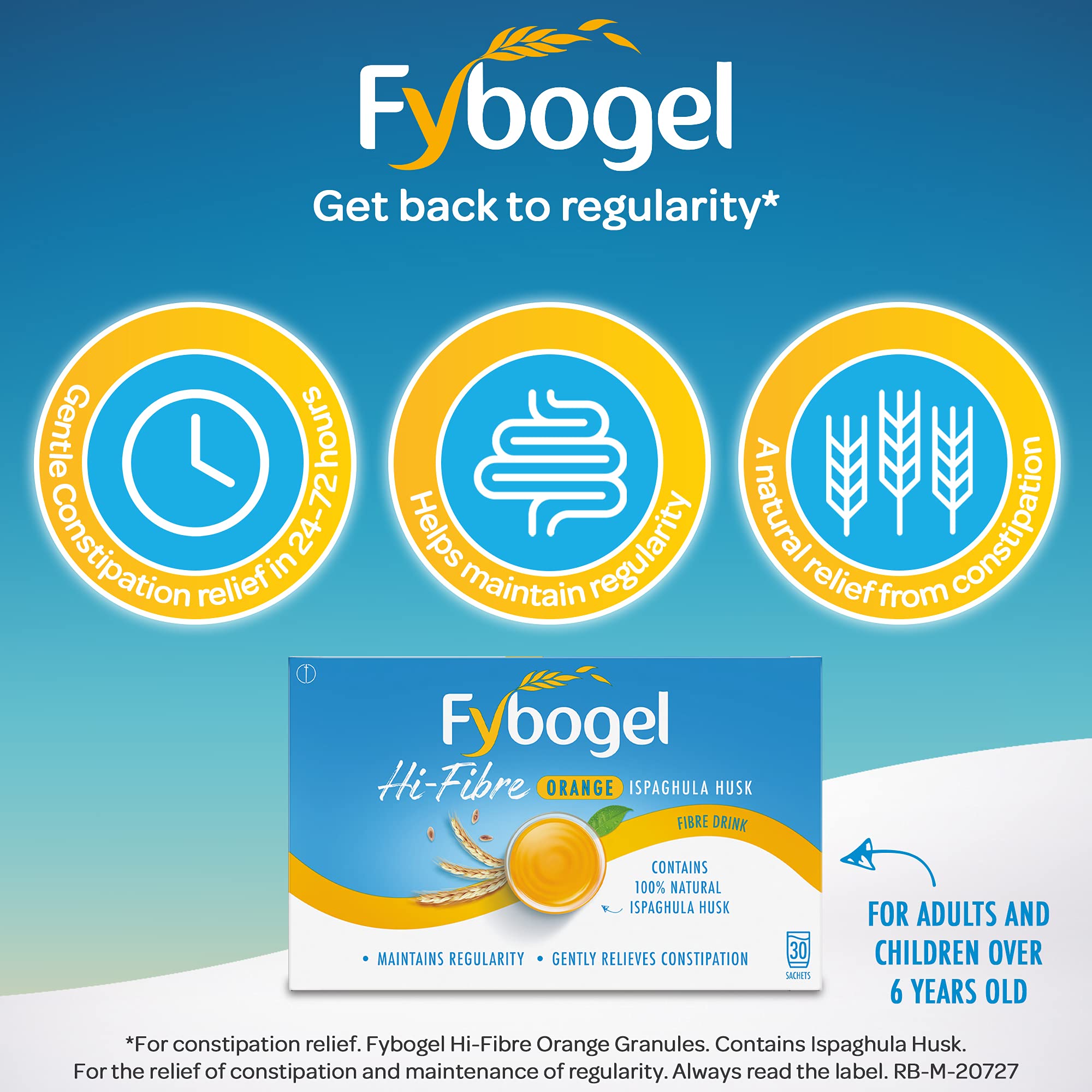Fybogel, preparación de bebida de fibra naranja para uso diario.