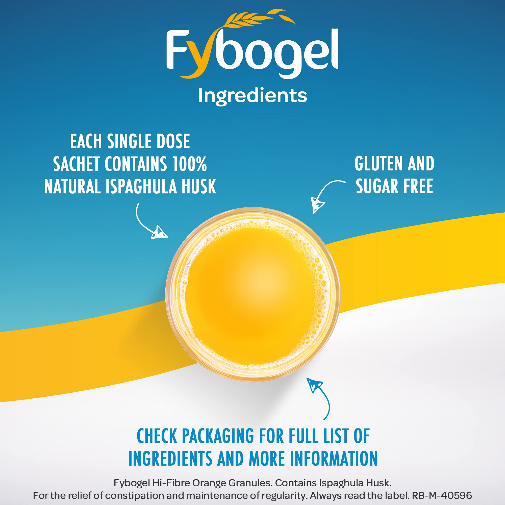 Fybogel, taza con bebida de fibra naranja lista para beber.