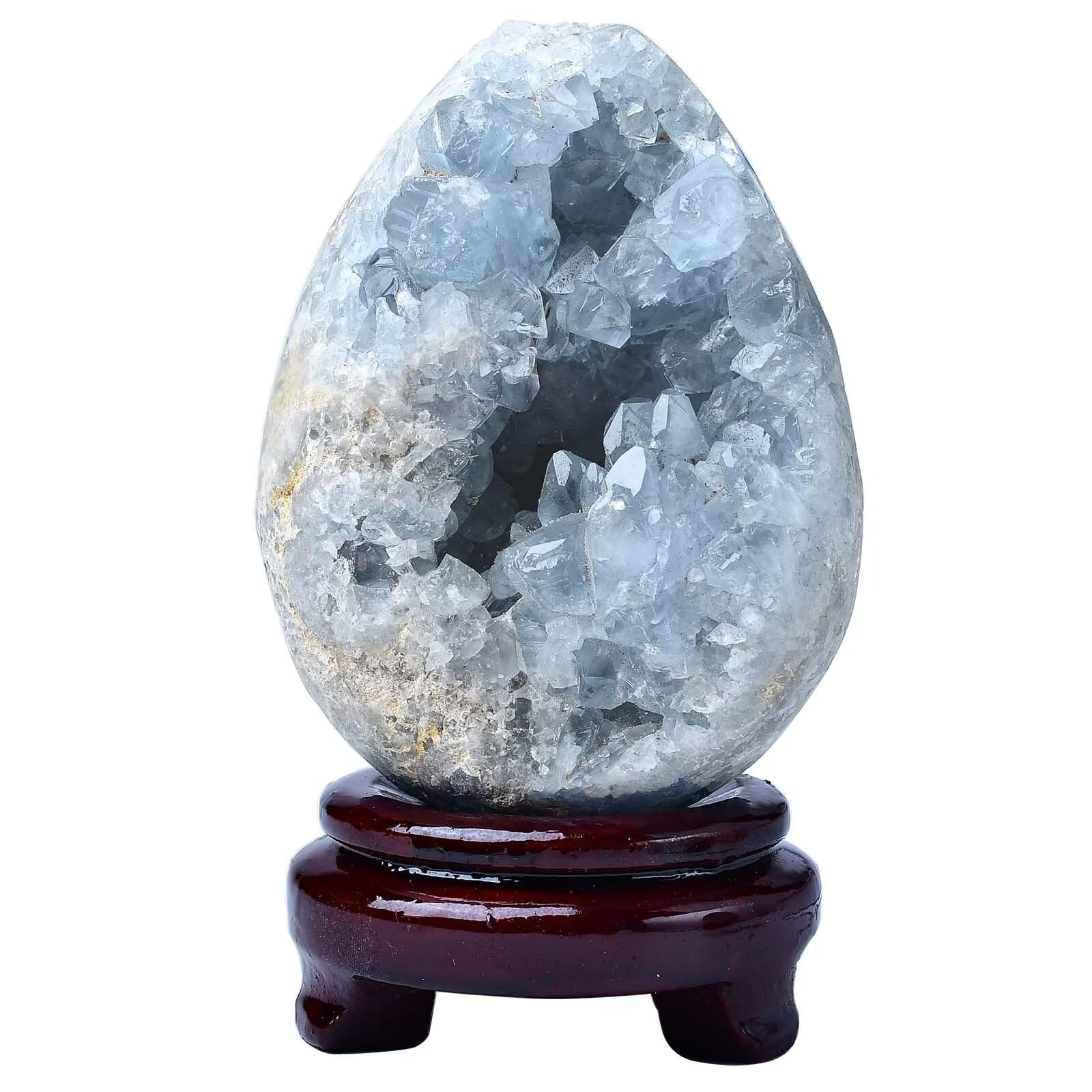 FZBHRO geoda huevo de celestita azul con base de madera, decoración elegante para escritorio