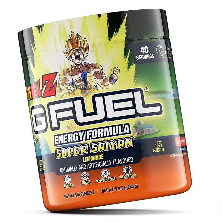 Polvo seco de G Fuel Dragon Ball Z listo para mezclar en agua.