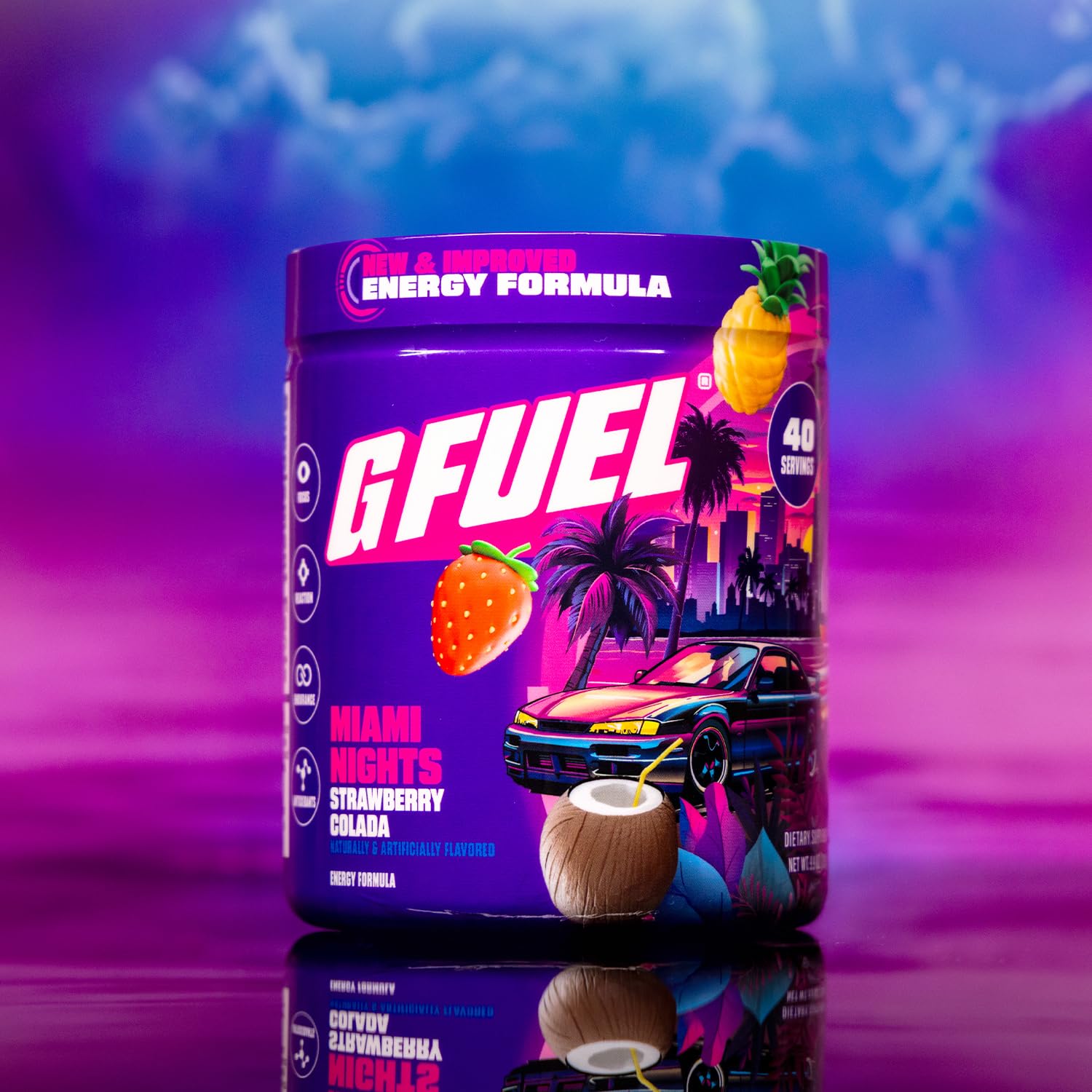 G Fuel Miami Nights 2.0, medidor de polvo para dosis precisas en juego.