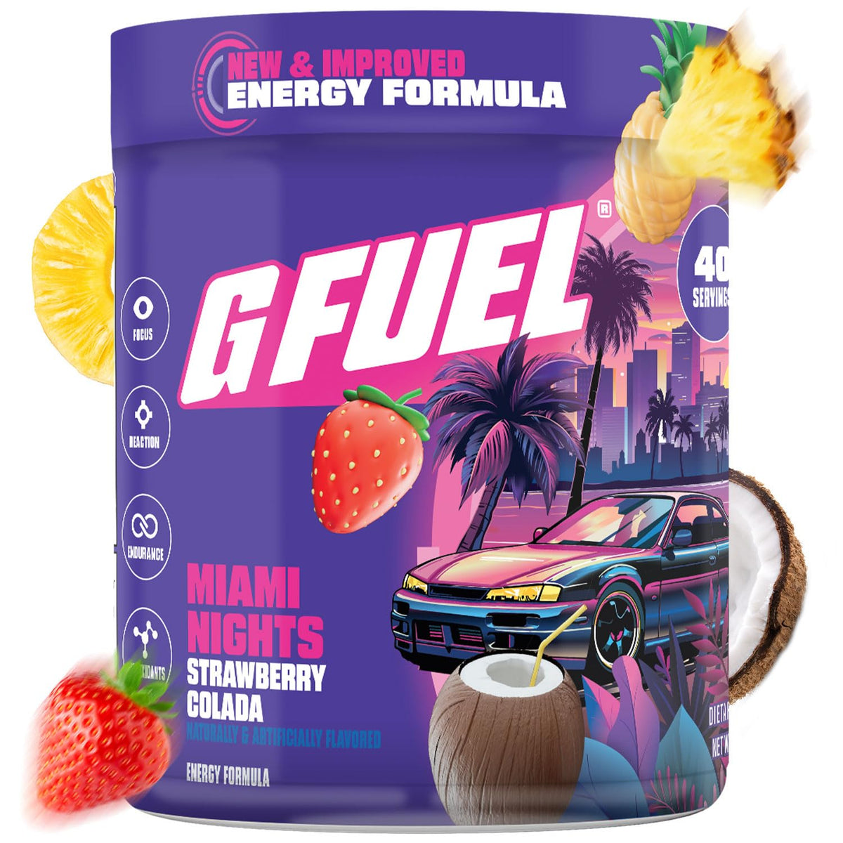 G Fuel Miami Nights 2.0, polvo sabor fresa piña colada para energía limpia.