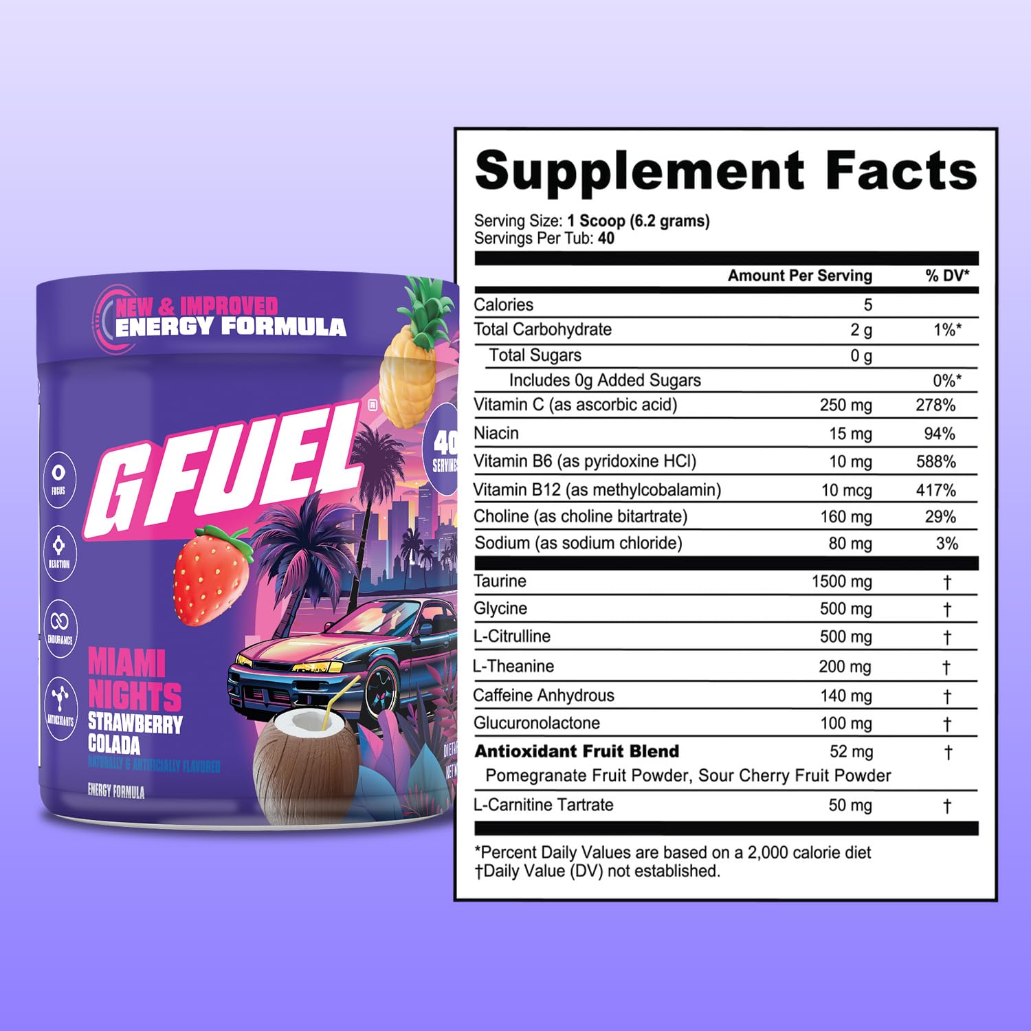 G Fuel Miami Nights 2.0, pre-entreno con cafeína para concentración durante competencia.