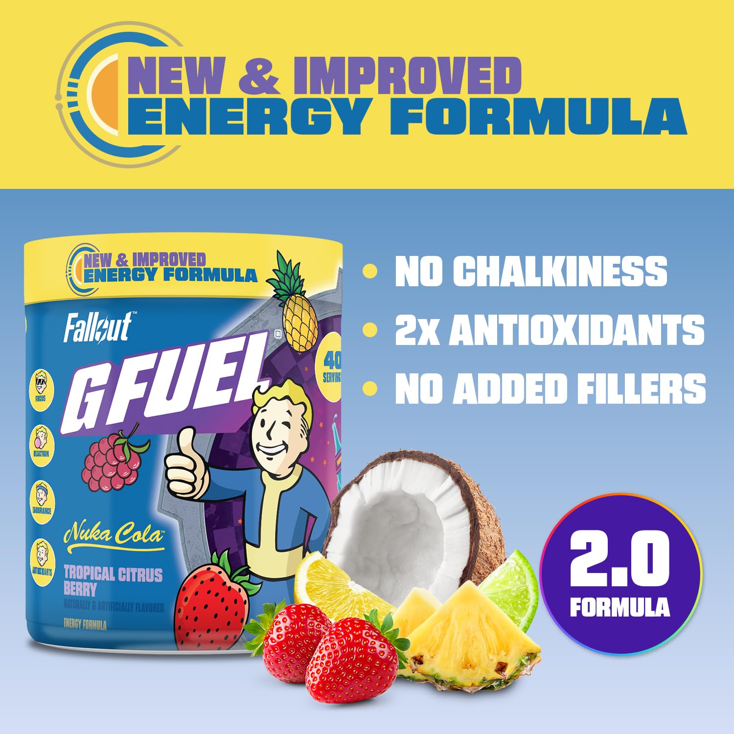 G Fuel Nuka Cola 2.0 preparación en agua, sabor tropical cítrico y bayas refrescante