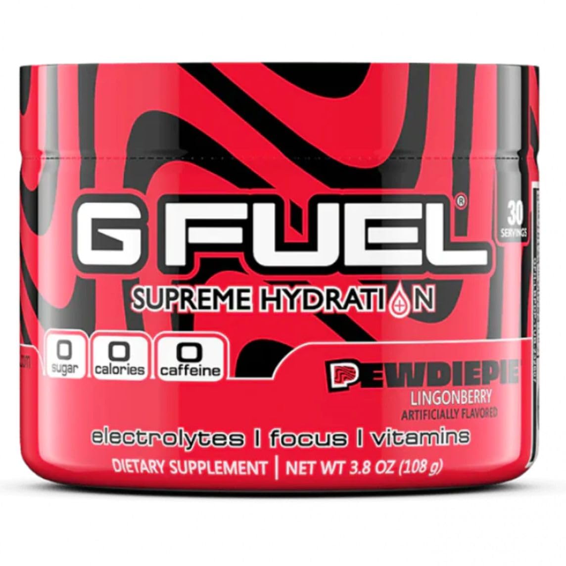 G FUEL PewDiePie Supreme Hydration con sabor lingonberry, ideal para rehidratación y enfoque sin azúcar ni cafeína.