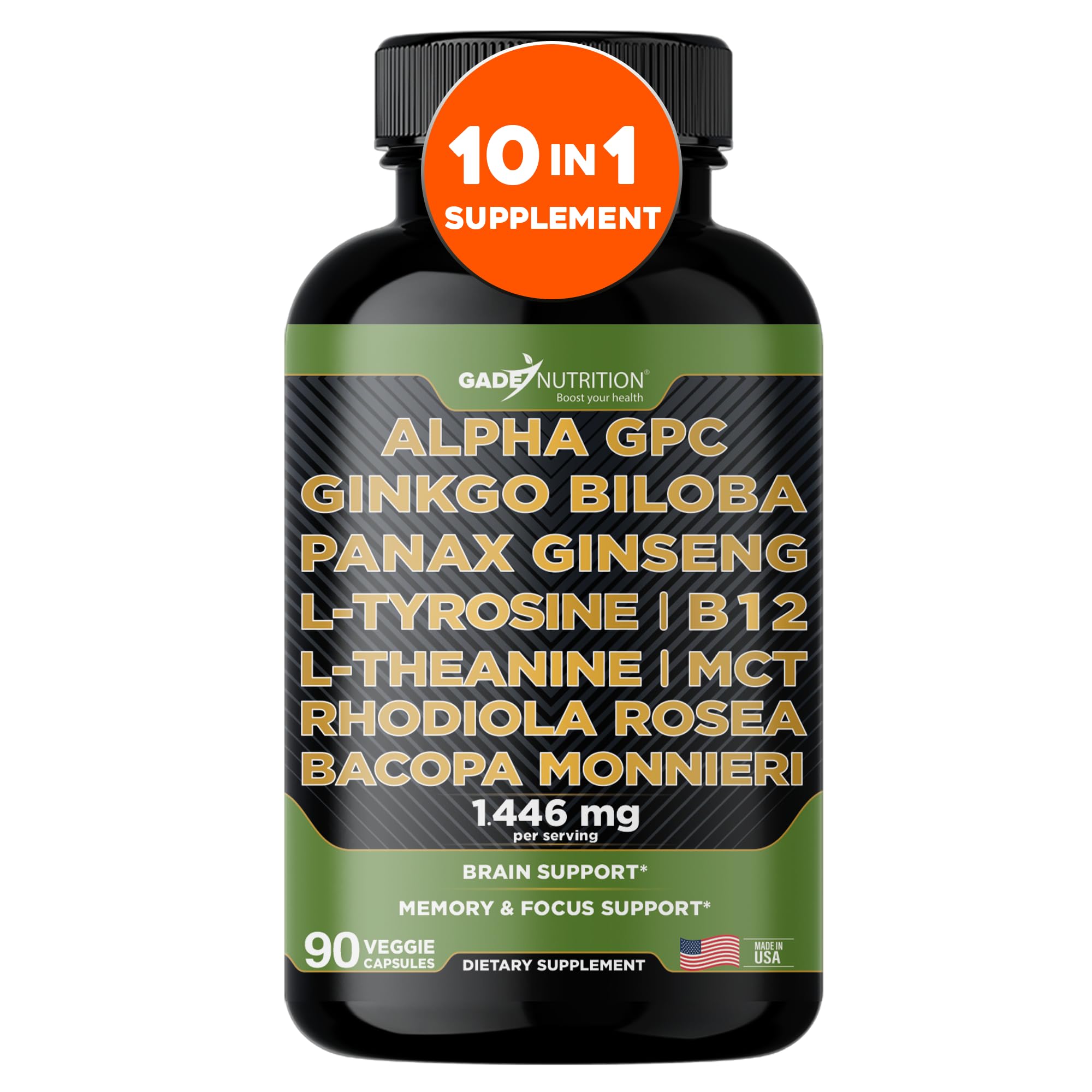 GADE NUTRITION Alpha GPC, botella con etiqueta para enfoque y claridad