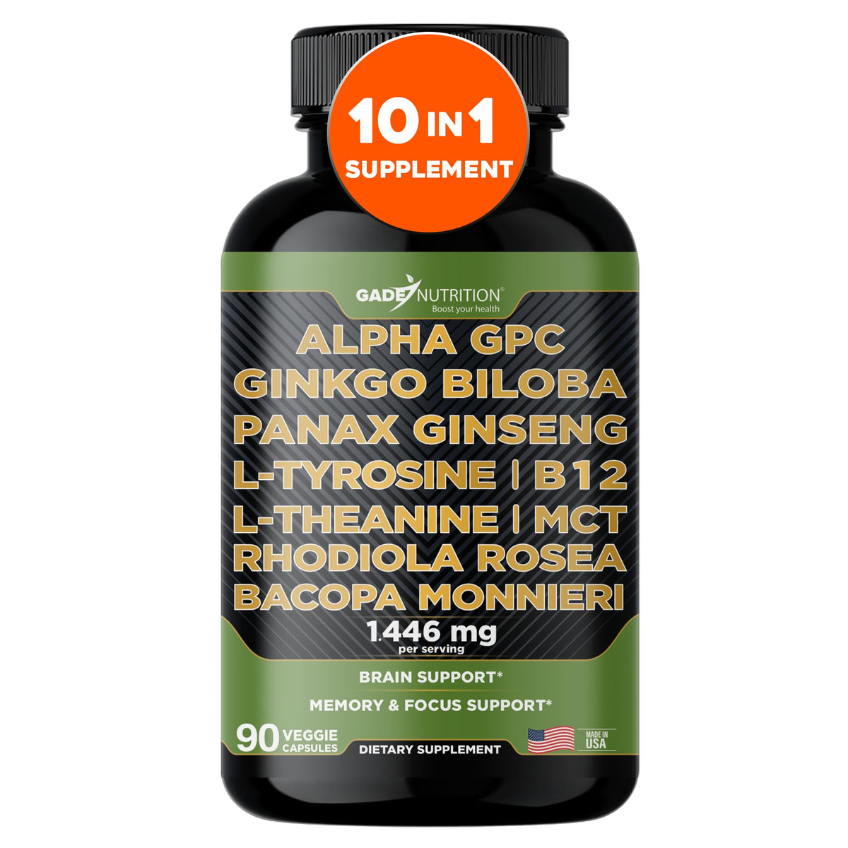 GADE NUTRITION Alpha GPC, botella con etiqueta para enfoque y claridad