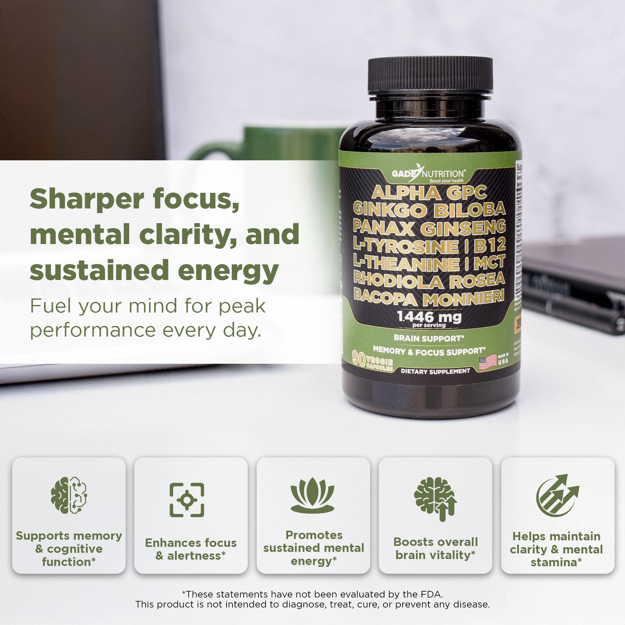 GADE NUTRITION Alpha GPC, cápsulas alineadas para energía mental sostenida