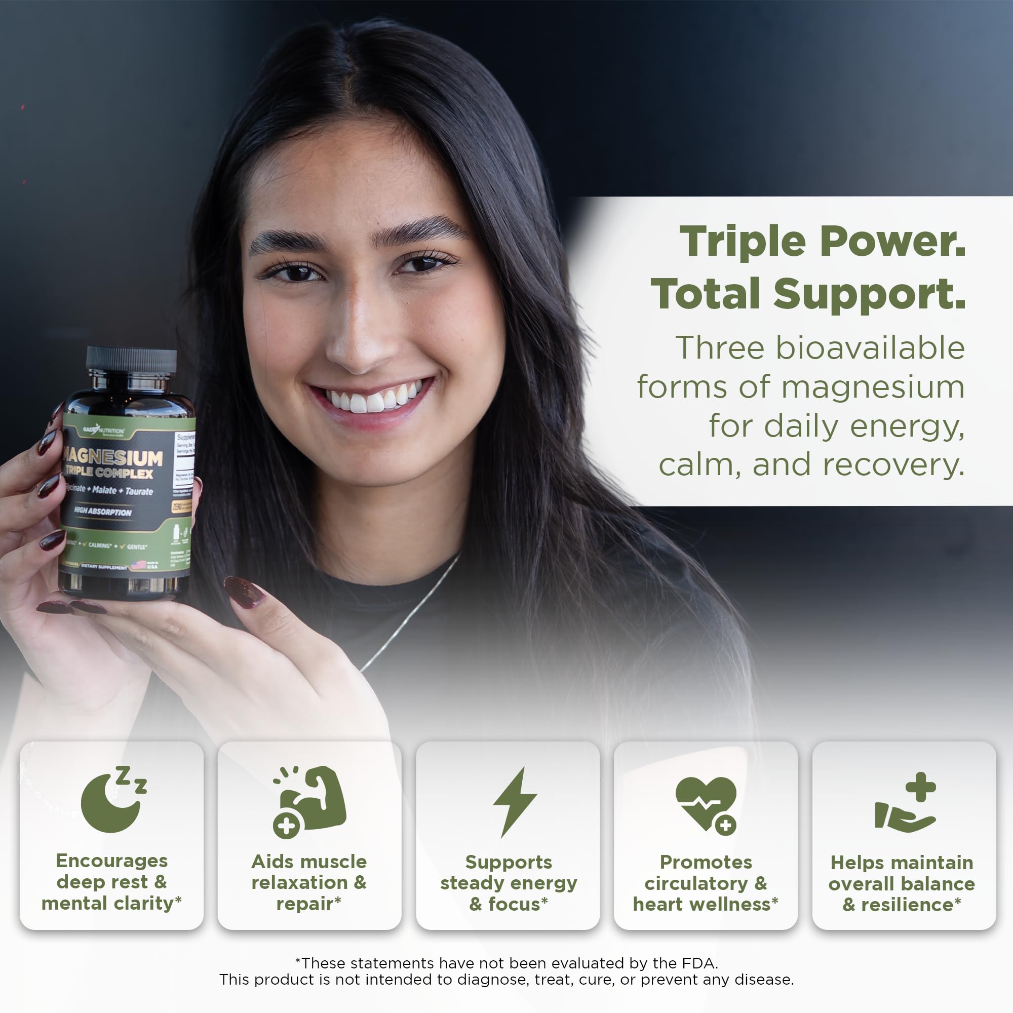 GADE NUTRITION Magnesium Triple Complex, tabletas suaves para relajación diaria.