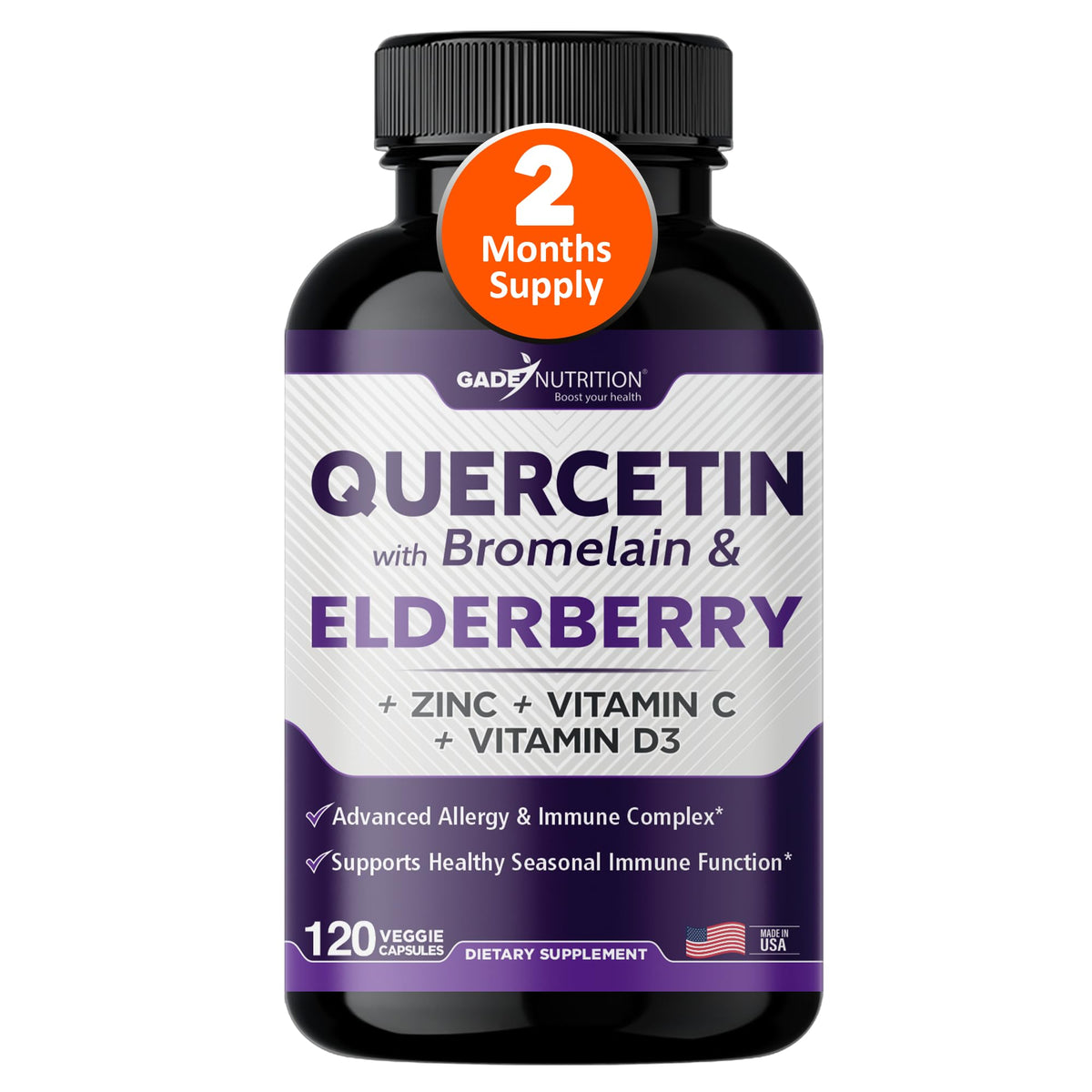 GADE NUTRITION Quercetina con Bromelina y Saúco, botella: soporte inmunológico diario.