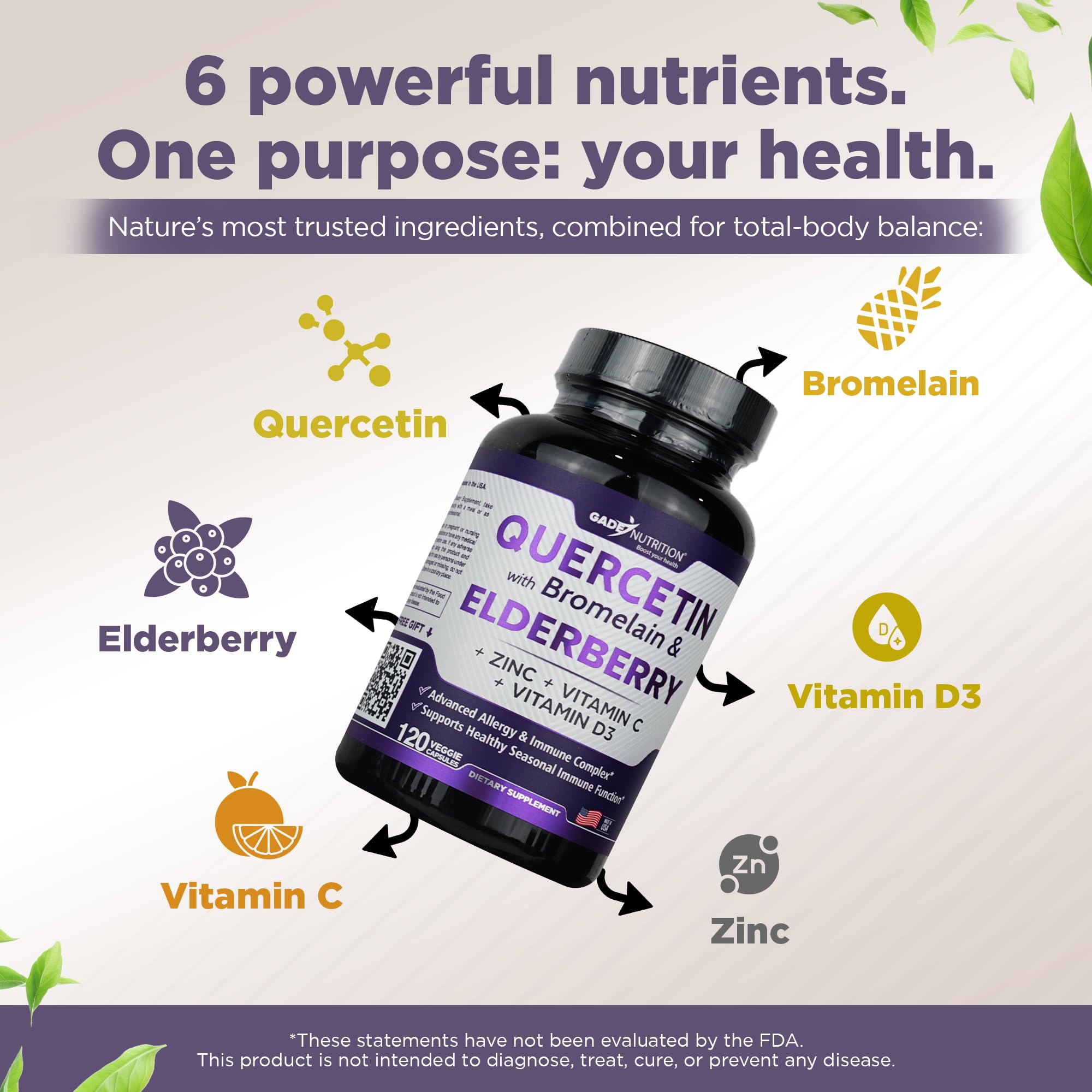GADE NUTRITION Quercetina con Bromelina y Saúco, etiqueta frontal: confianza y claridad.