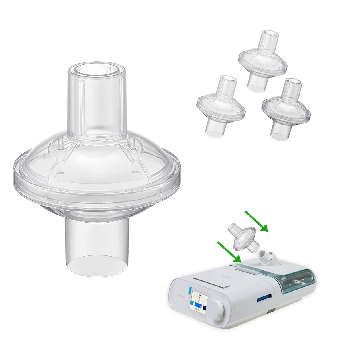 Gadget Beyond filtro universal CPAP 22mm instalado, flujo estable.