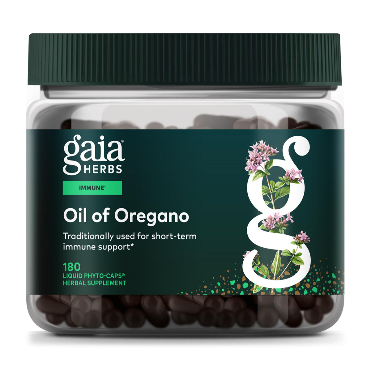 Gaia Herbs Aceite de Orégano, botella, apoyo inmunitario natural.