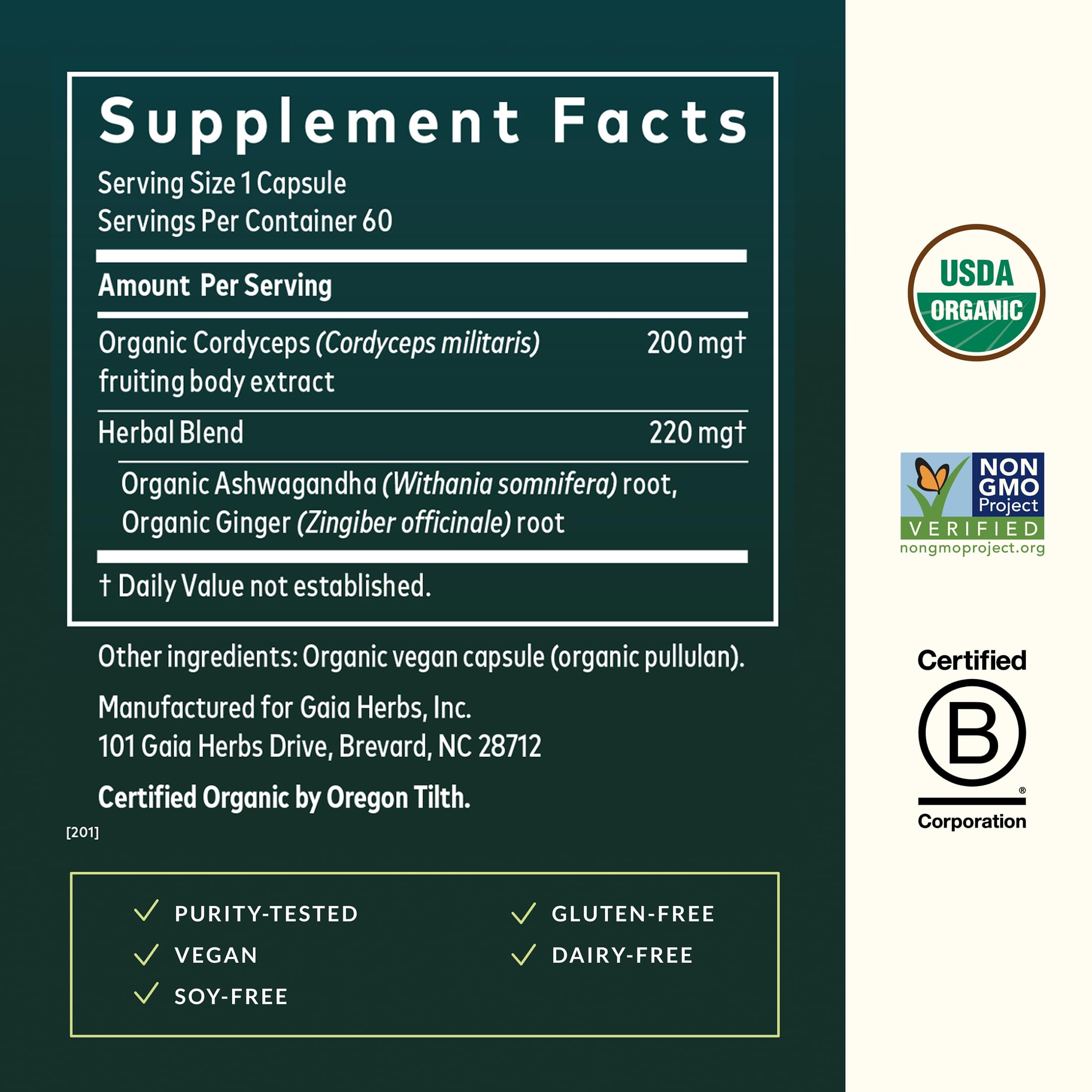 Gaia Herbs Adaptogen Performance: hierbas ashwagandha y cordyceps para resiliencia diaria.