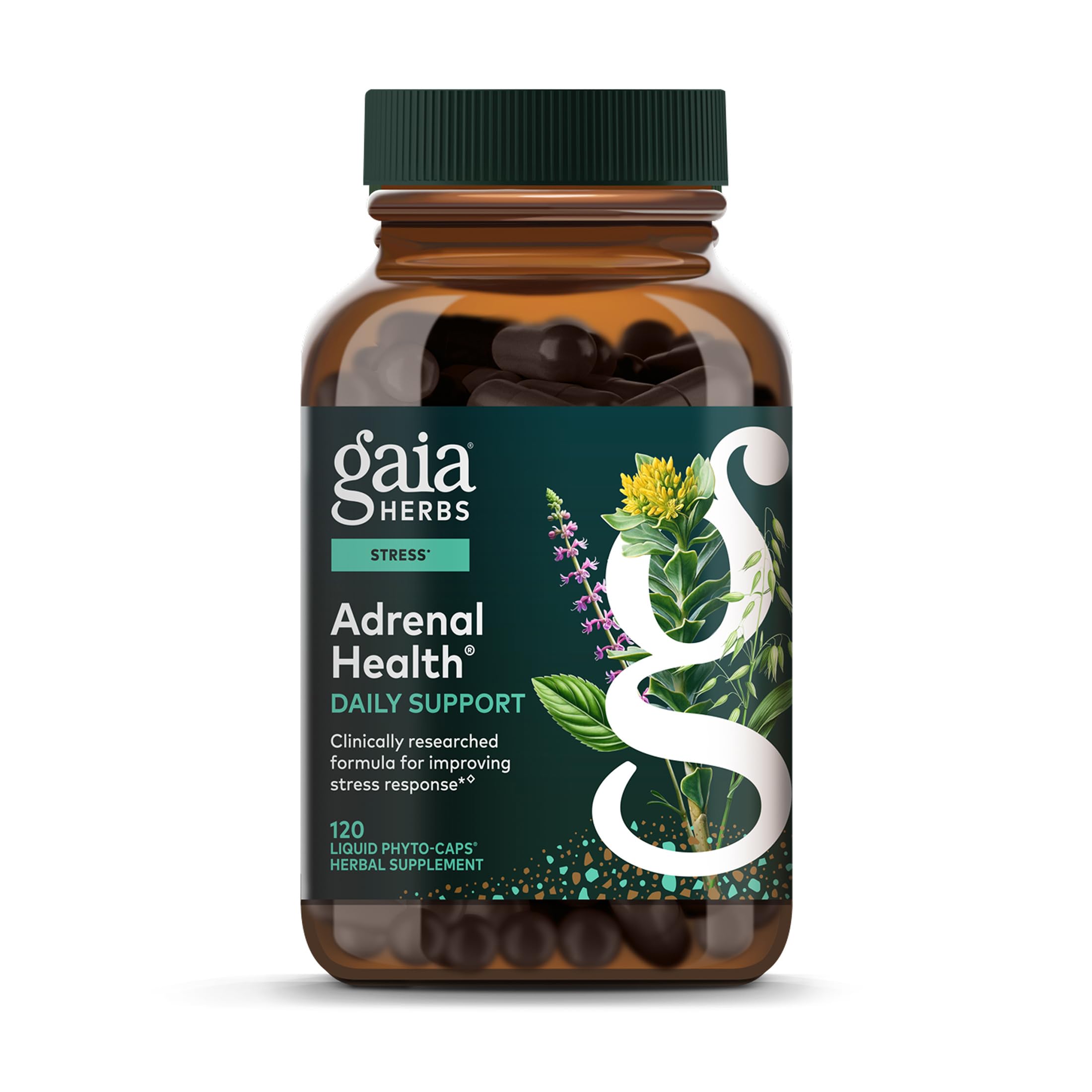 Gaia Herbs Adrenal Health, botella-cápsulas-veganas, soporte diario de energía.