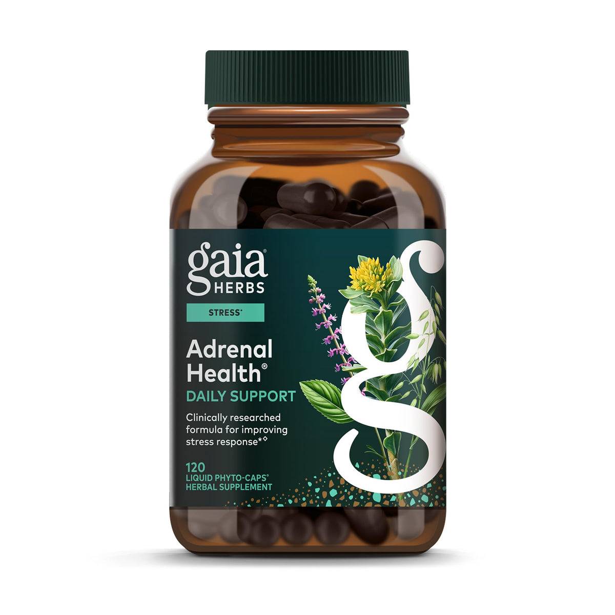Gaia Herbs Adrenal Health, botella-cápsulas-veganas, soporte diario de energía.