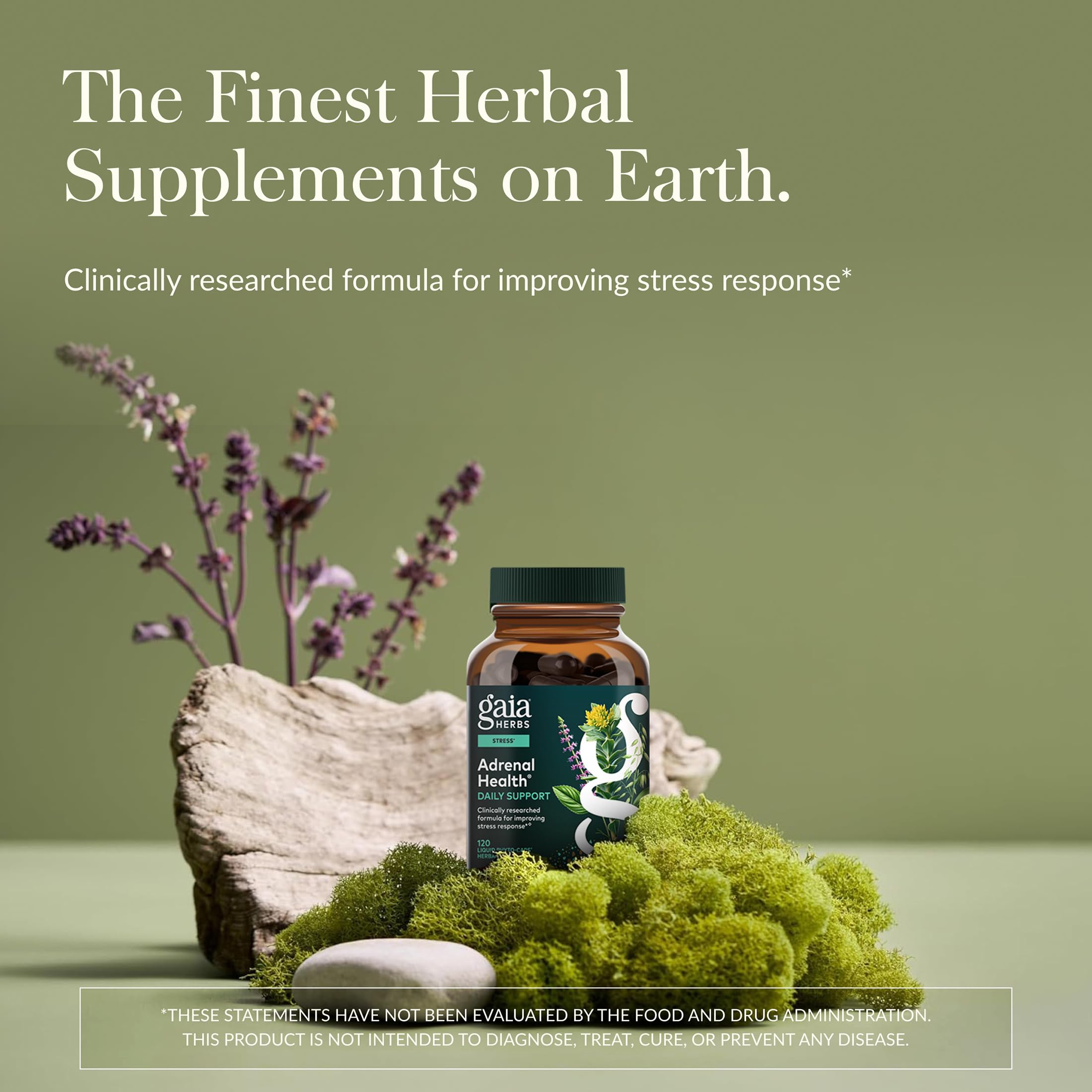 Gaia Herbs Adrenal Health cápsulas-veganas en empaque, uso diario suave.