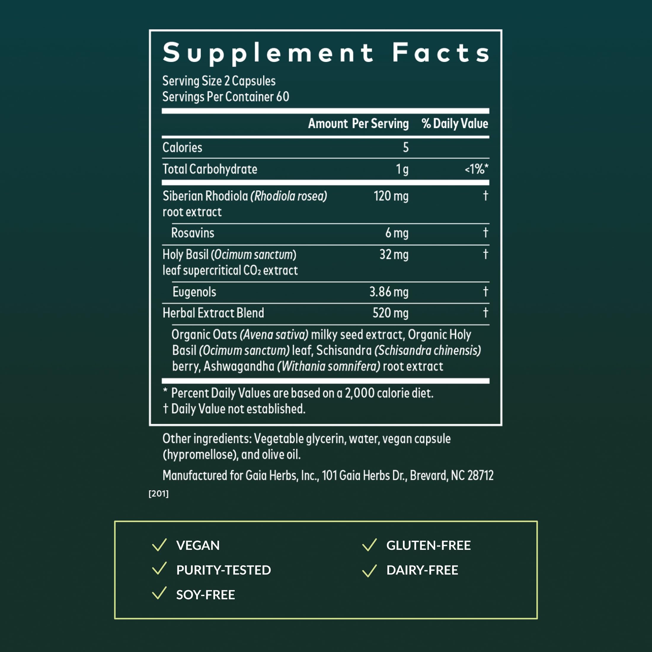 Gaia Herbs Adrenal Health, etiqueta frontal, información clara para consumo diario.