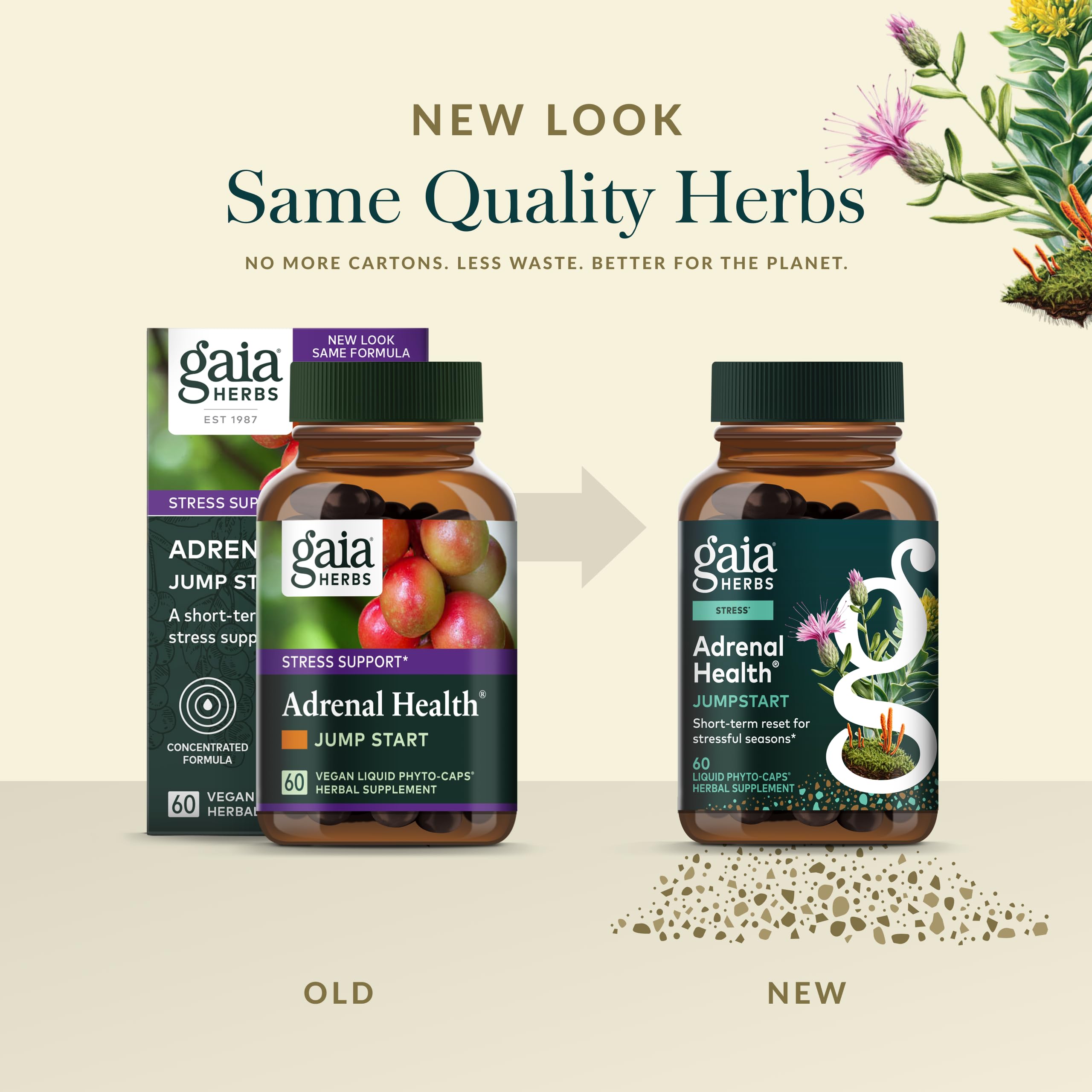 Gaia Herbs Adrenal Health Jumpstart — etiqueta y envase de vidrio