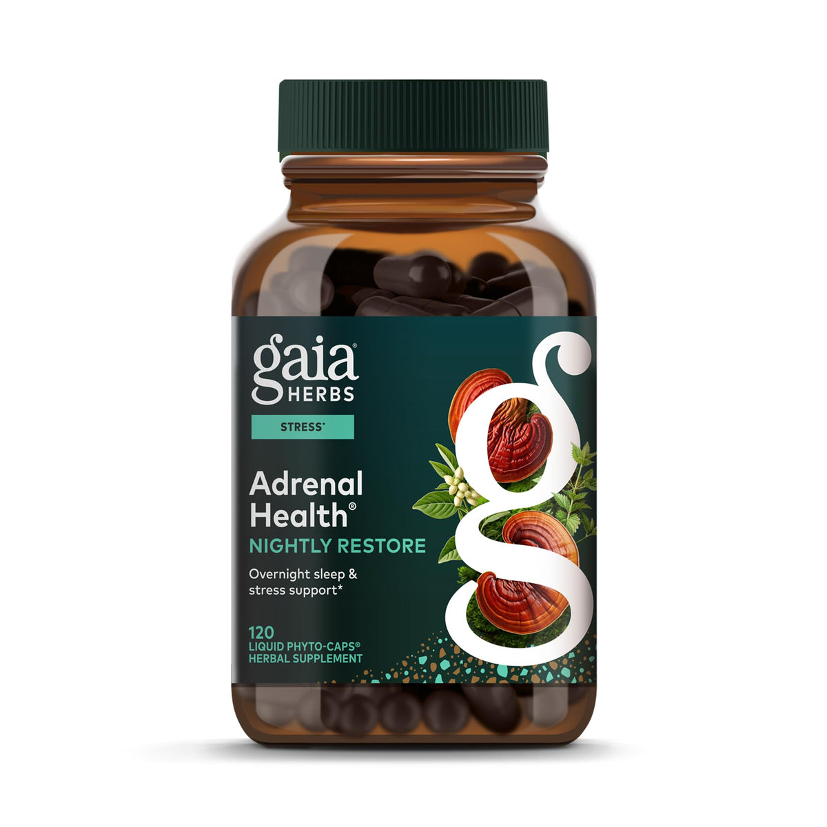 Gaia Herbs Adrenal Health Nightly Restore en botella para la rutina nocturna.
