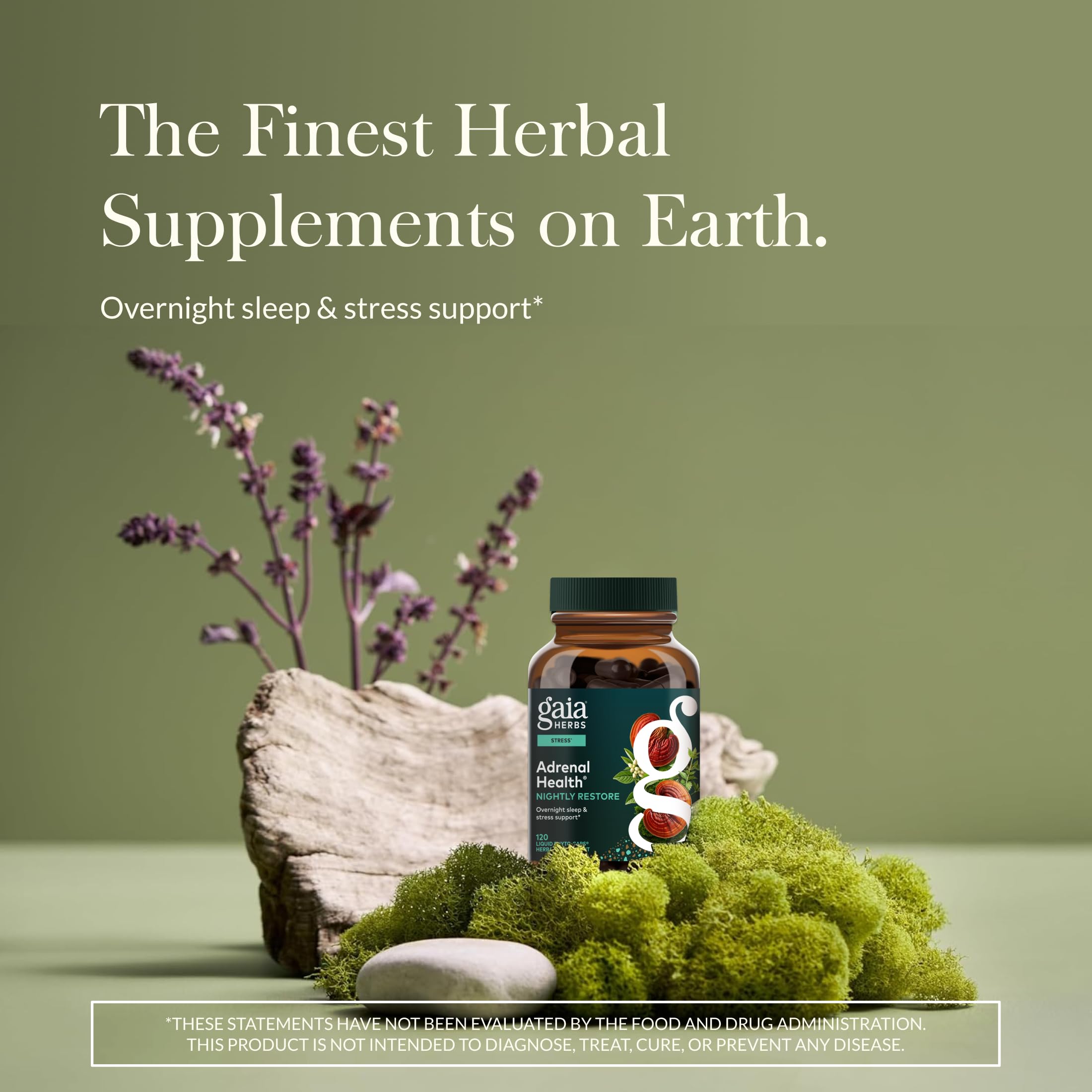 Etiqueta de Gaia Herbs Adrenal Health Nightly Restore con ingredientes clave