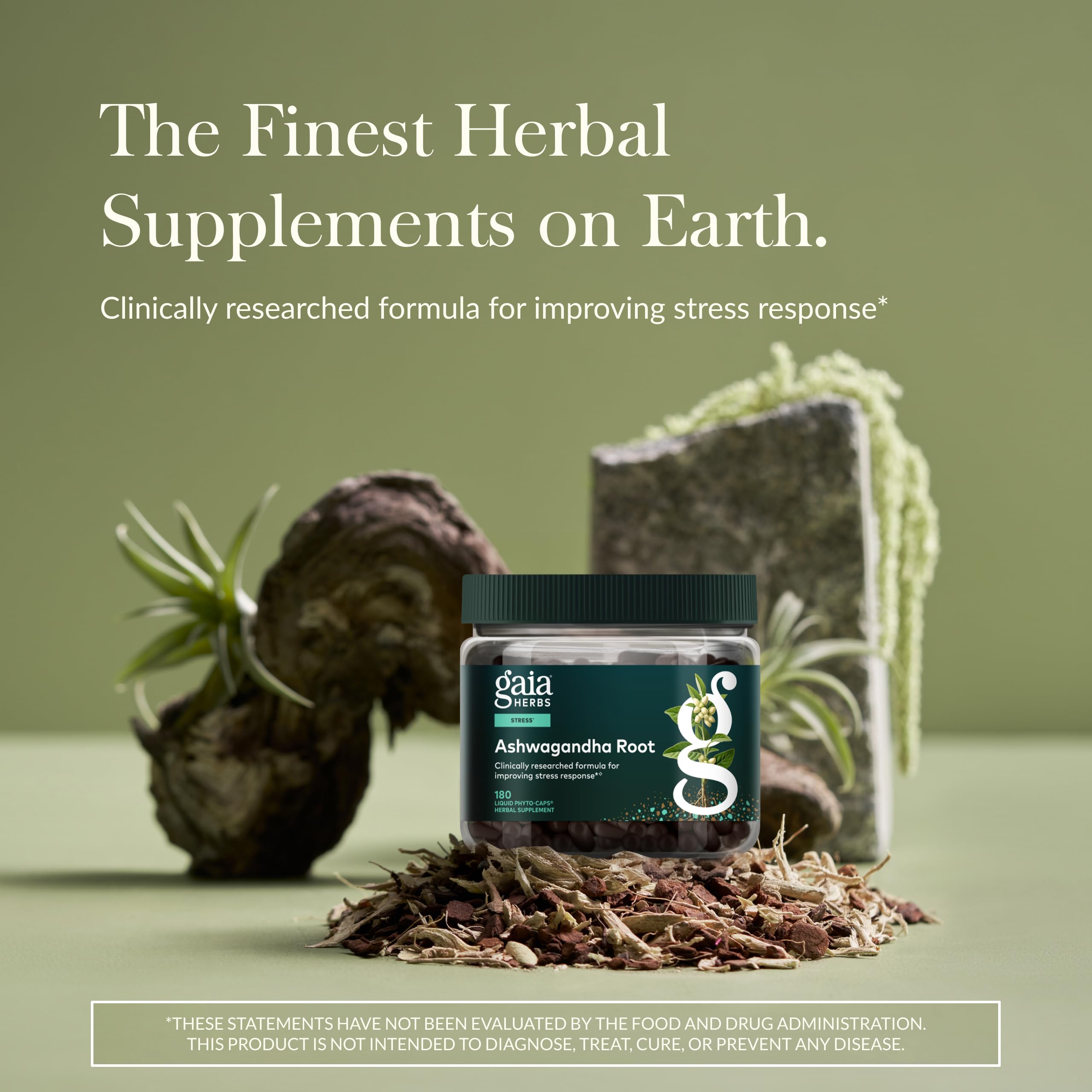 Gaia Herbs Ashwagandha: etiqueta clara que destaca calidad y origen responsable.