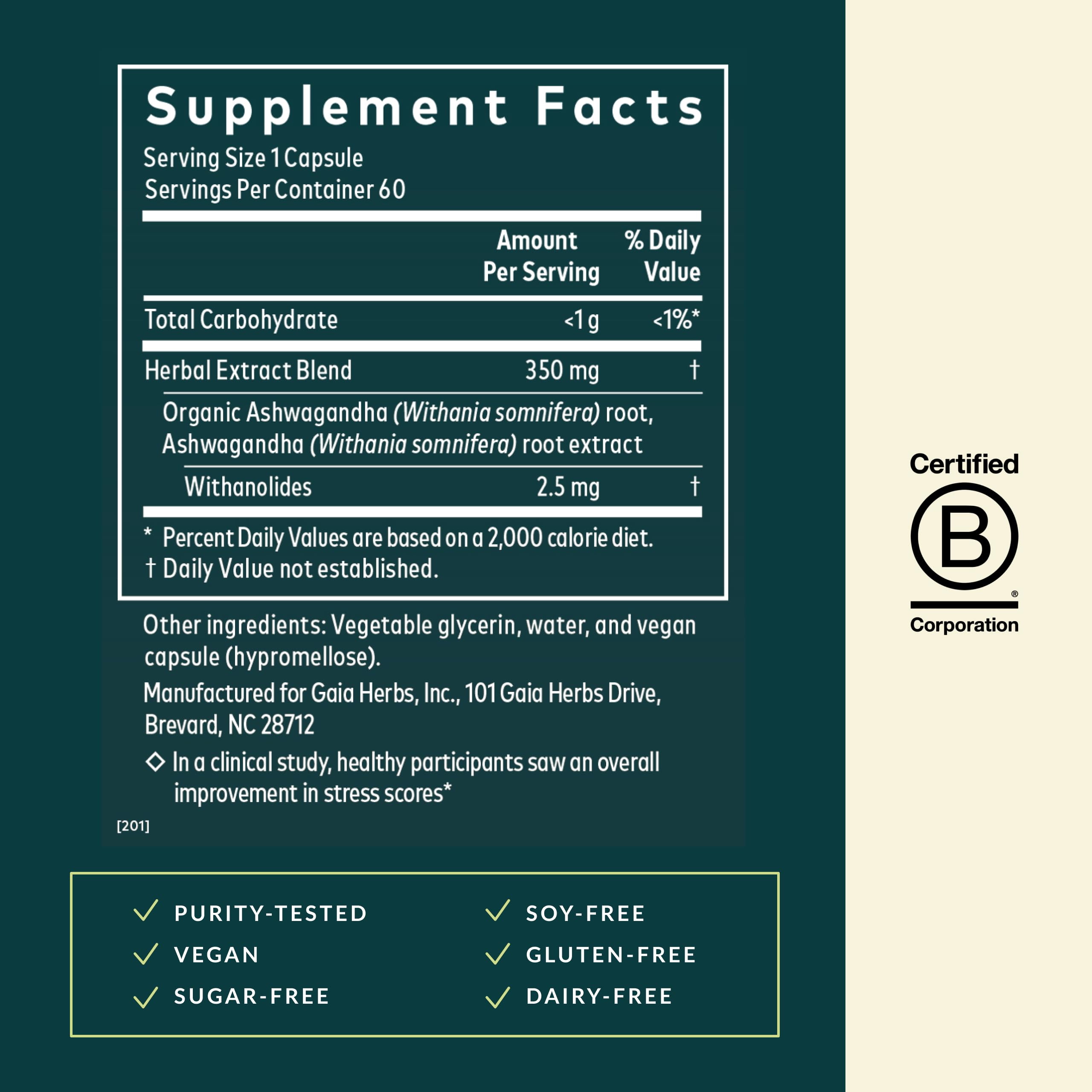 Gaia Herbs Ashwagandha etiqueta orgánica: ingrediente de origen responsable.