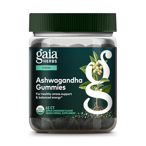 Gaia Herbs Ashwagandha Gummies empaque con canela y jengibre para apoyo al estrés