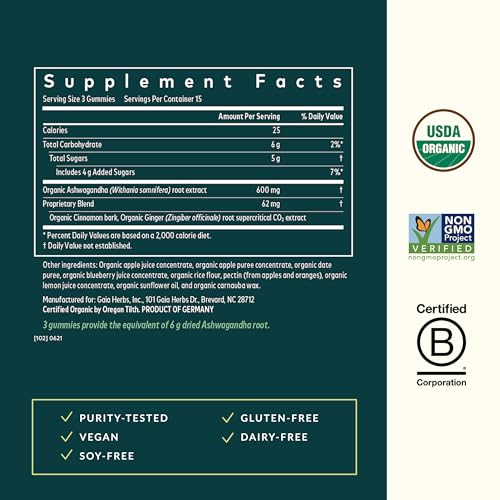 Gaia Herbs Ashwagandha Gummies etiqueta clara y productos naturales