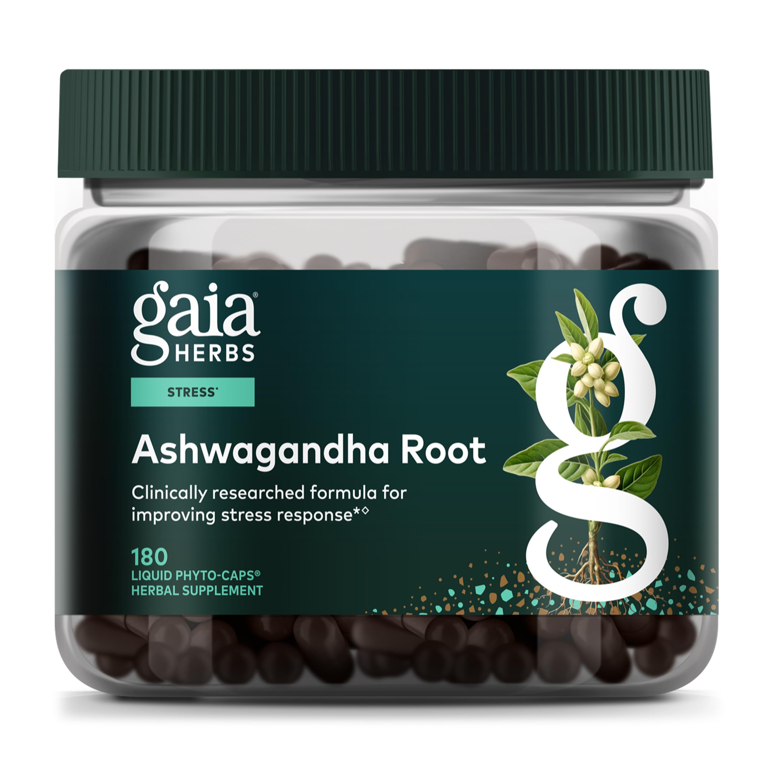 Gaia Herbs Ashwagandha: botella con raíz visible para energía equilibrada.