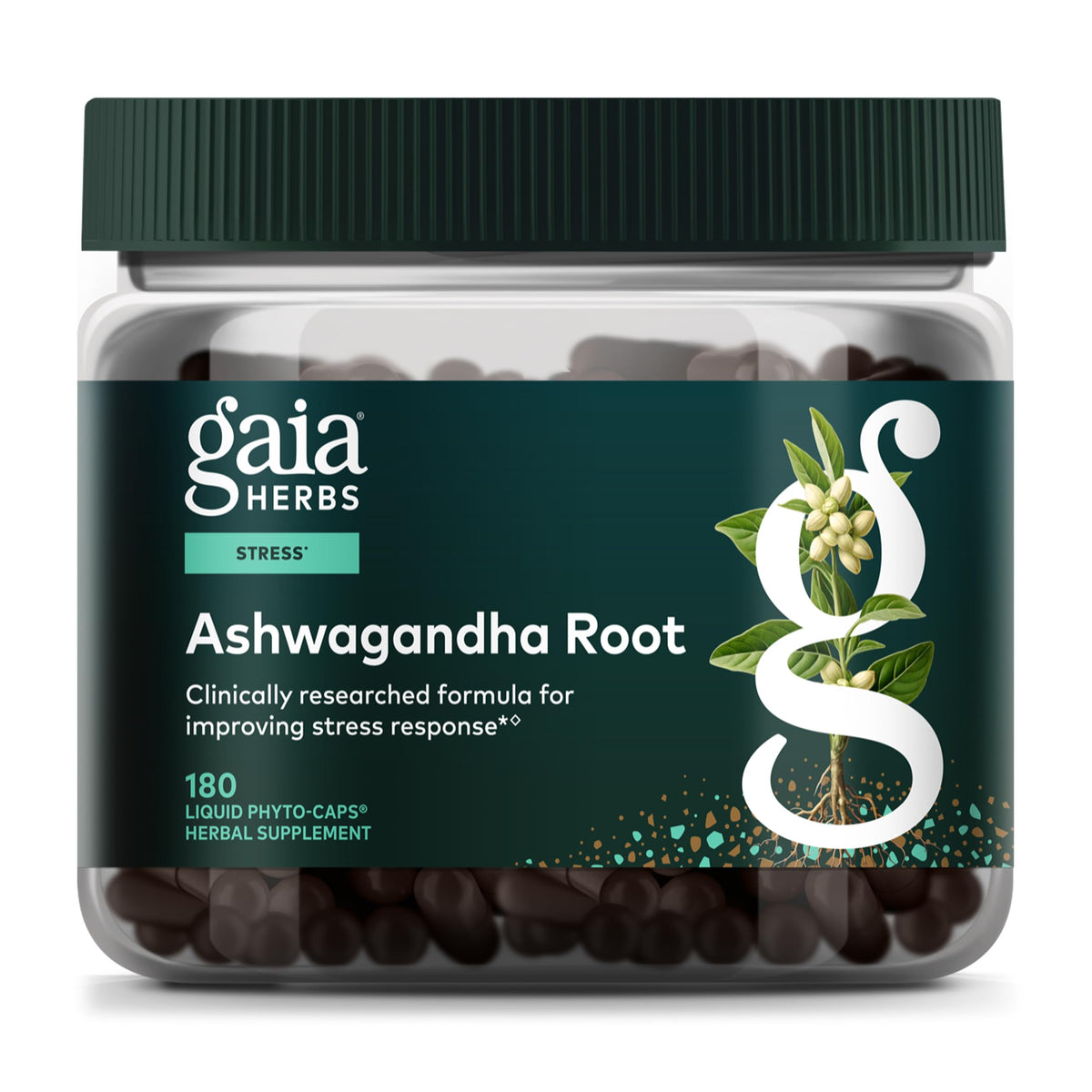 Gaia Herbs Ashwagandha: botella con raíz visible para energía equilibrada.