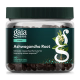 Gaia Herbs Ashwagandha: botella con raíz visible para energía equilibrada.