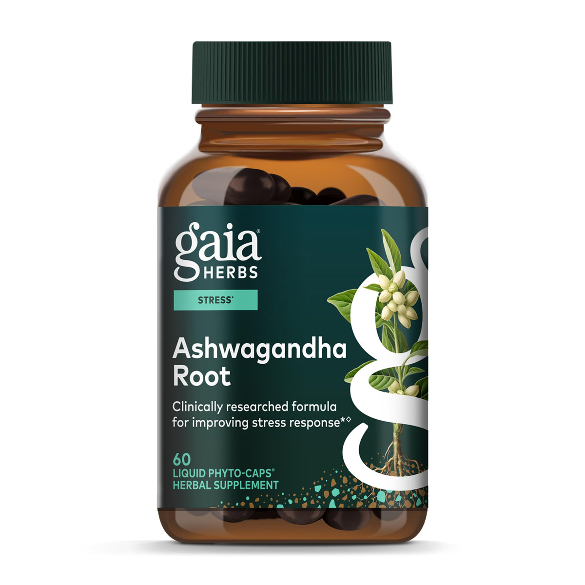 Gaia Herbs Ashwagandha Raíz, botella: posible apoyo al manejo del estrés.