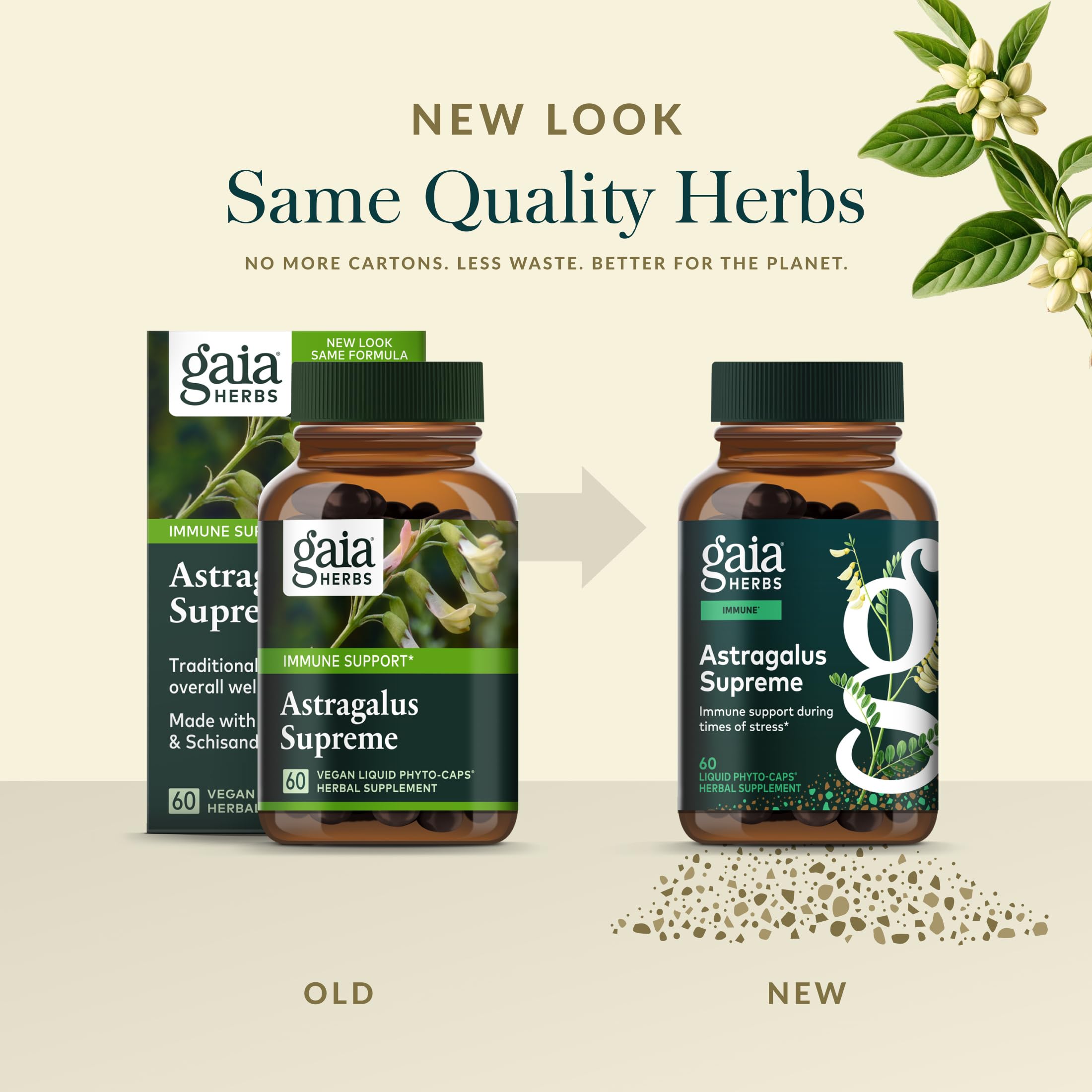 Gaia Herbs Astragalus Supreme: ingredientes clave visibles para el cuidado diario.