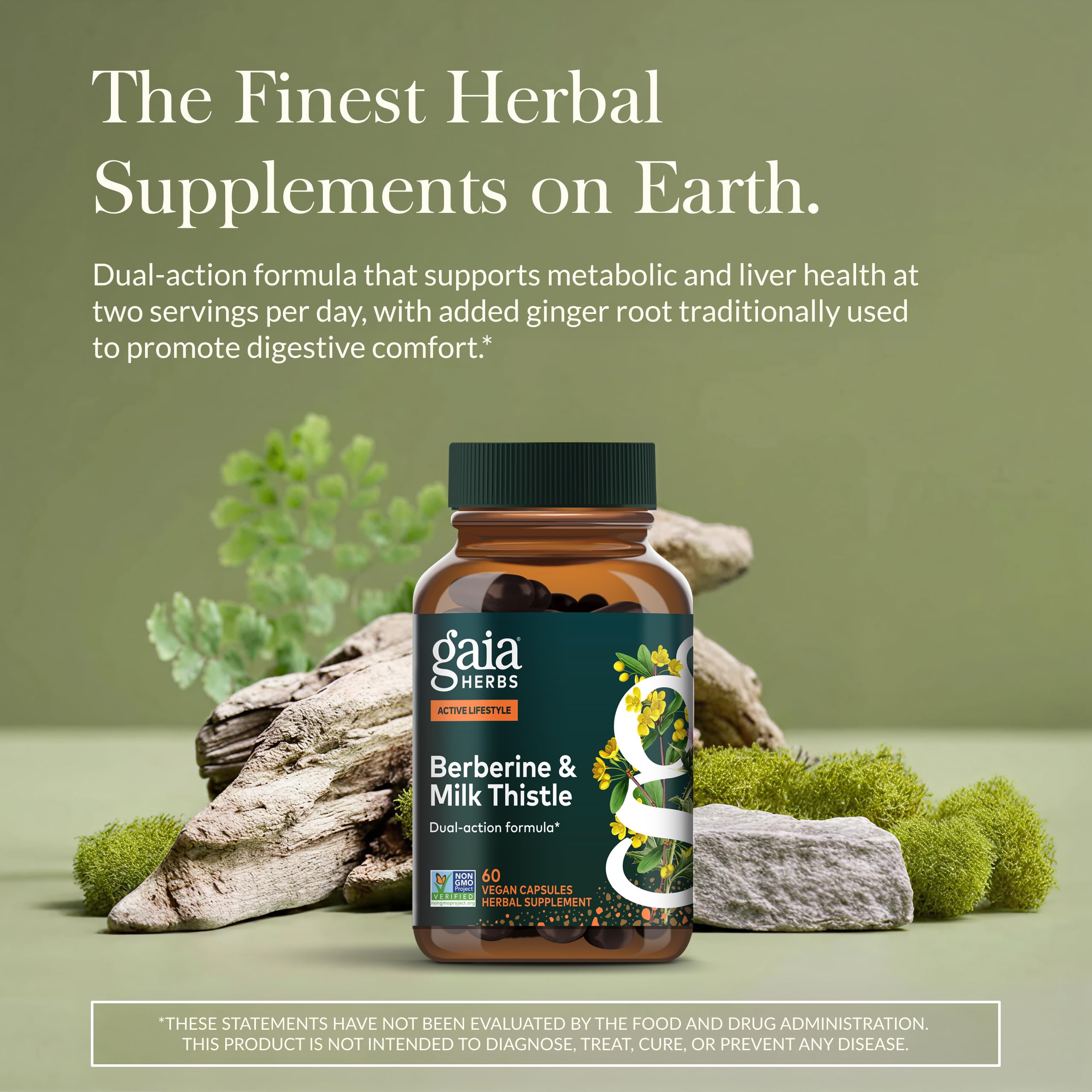 Gaia Herbs Berberina Cardo Mariano, cápsulas alineadas para uso diario.