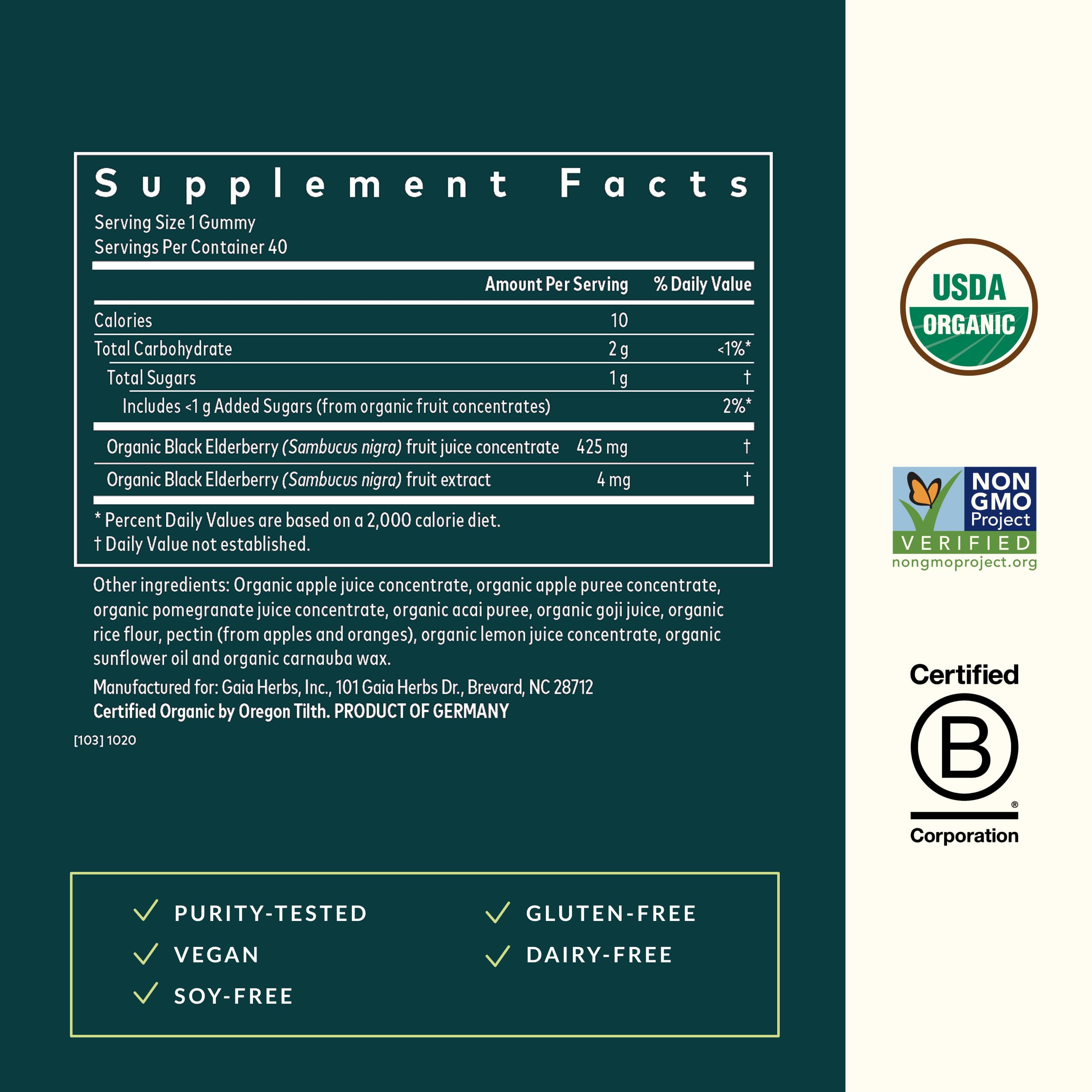 Gaia Herbs Black Elderberry Daily Gummies para Niños, etiqueta detalle, color y diseño