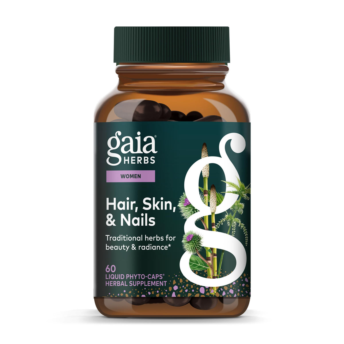 Gaia Herbs botella de cápsulas veganas para cabello, piel y uñas.