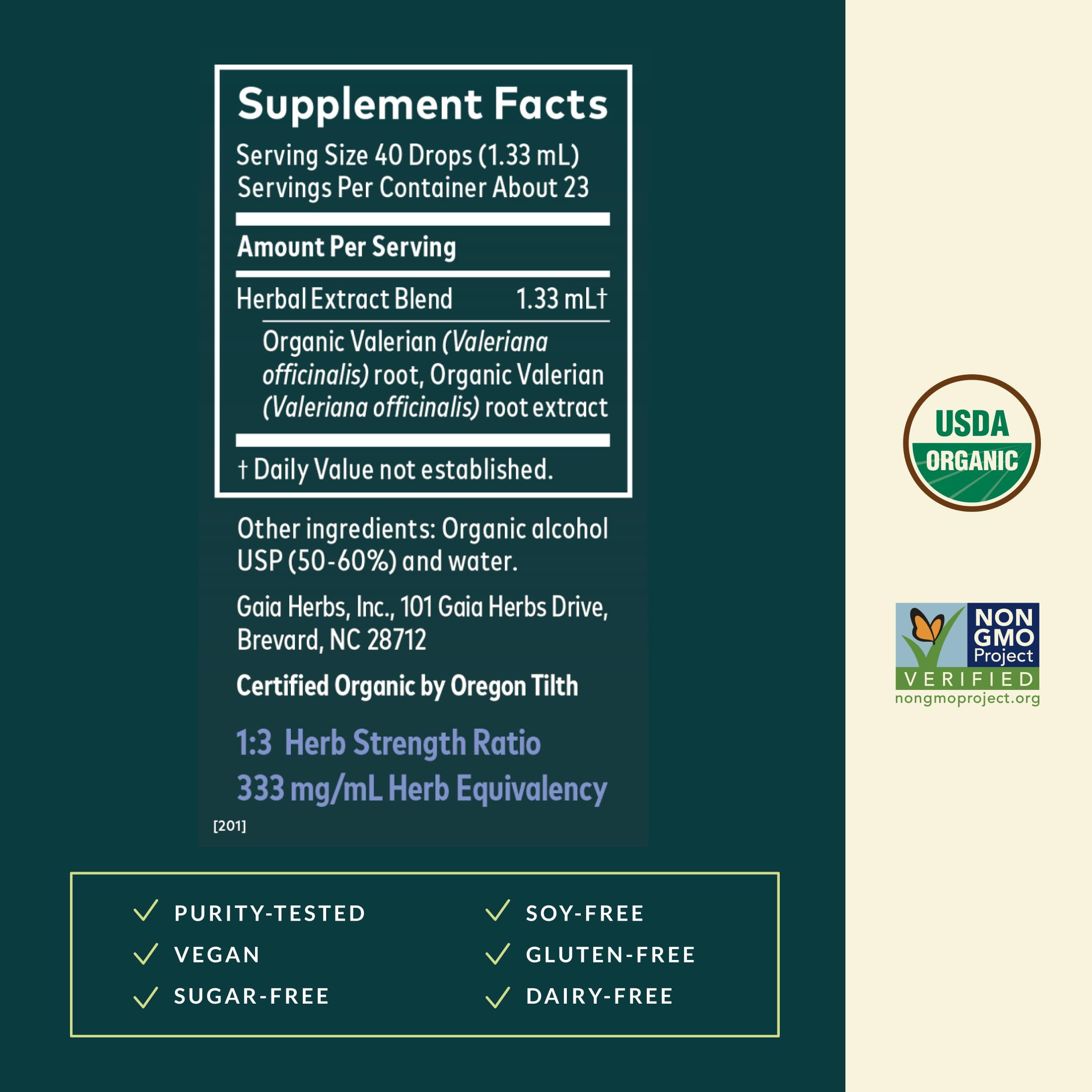 Gaia Herbs Valerian Root: botella con etiqueta clara para relajación vespertina