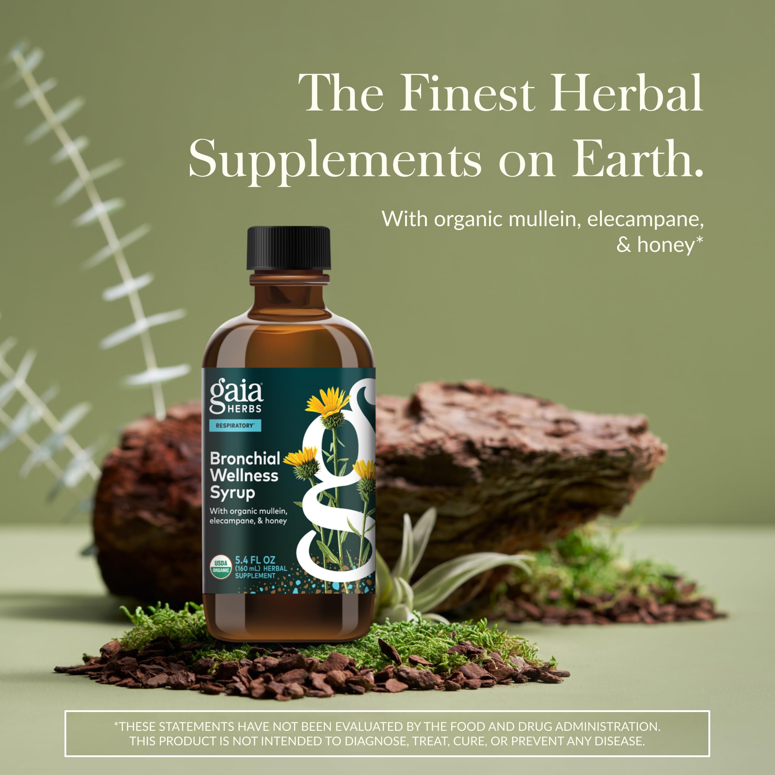 Gaia Herbs Bronquial Bienestar, etiqueta orgánica, señal de ingredientes de calidad.