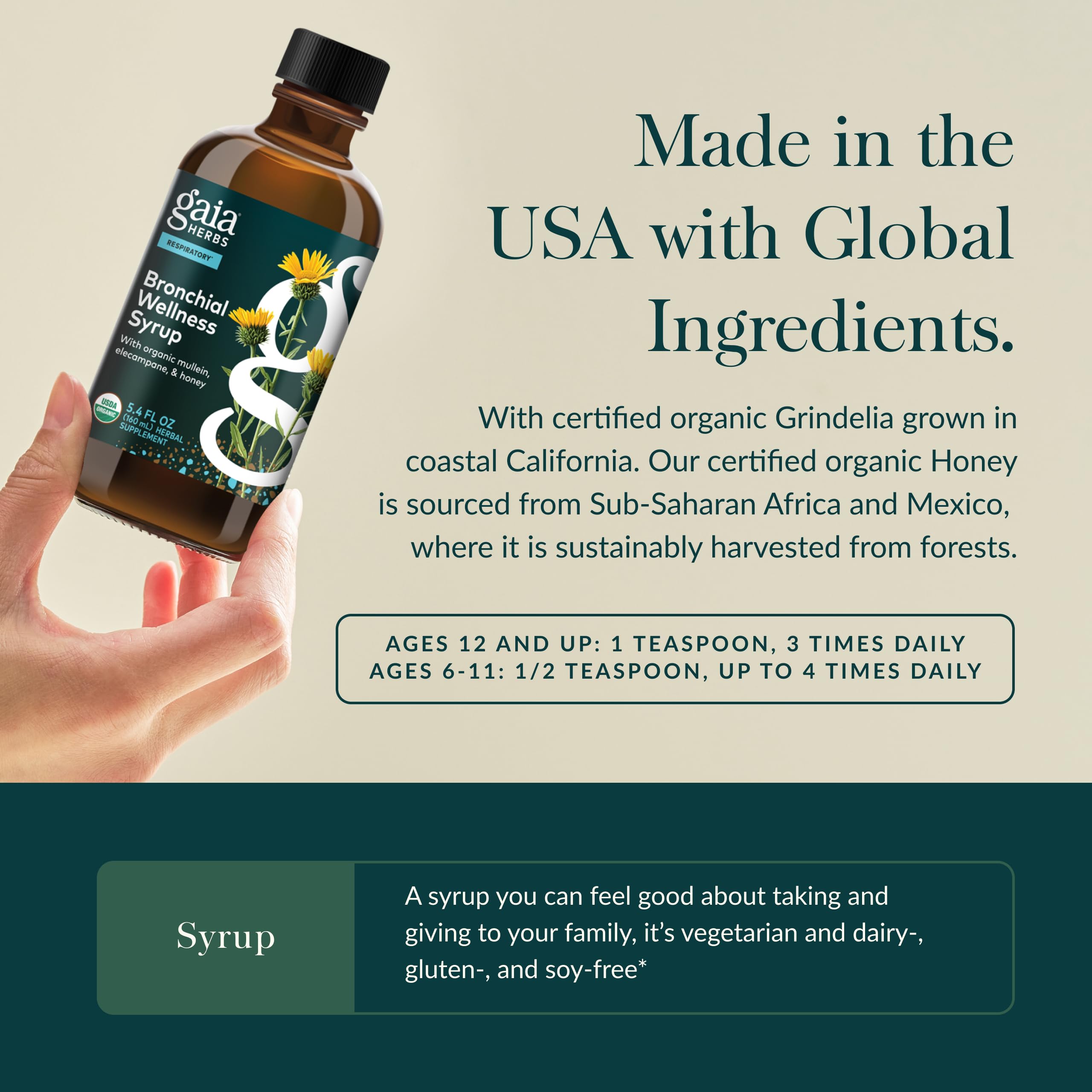 Gaia Herbs Bronquial Bienestar, ingredientes seleccionados en una mezcla herbal.