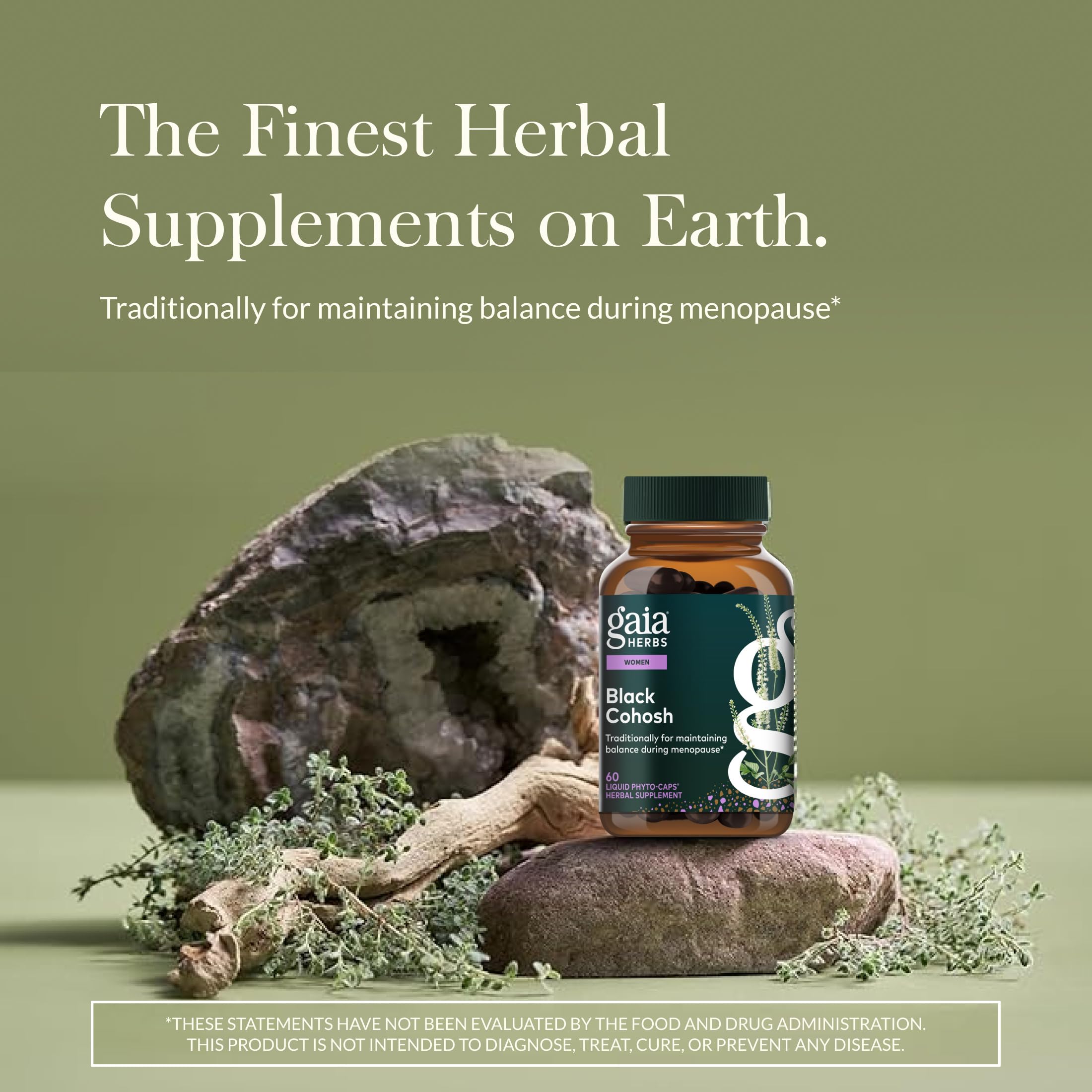 Gaia Herbs Black Cohosh botella con etiqueta clara y dosis diaria fácil.