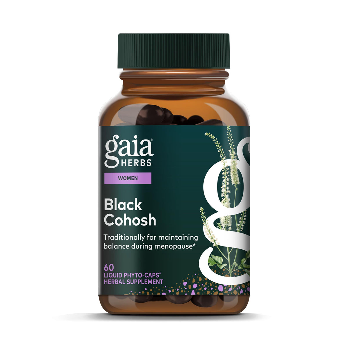 Gaia Herbs Black Cohosh cápsulas en envase compacto para uso diario.