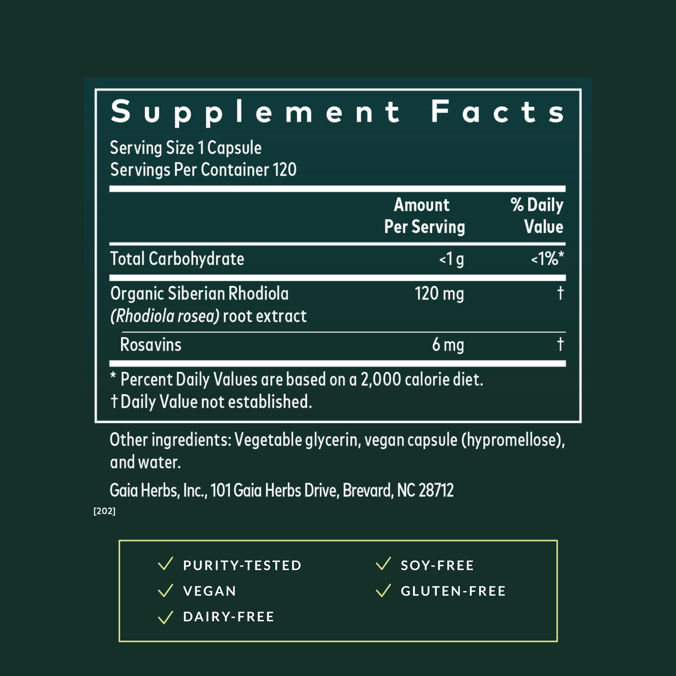 Gaia Herbs Black Cohosh etiqueta muestra ingredientes y dosis sugerida.