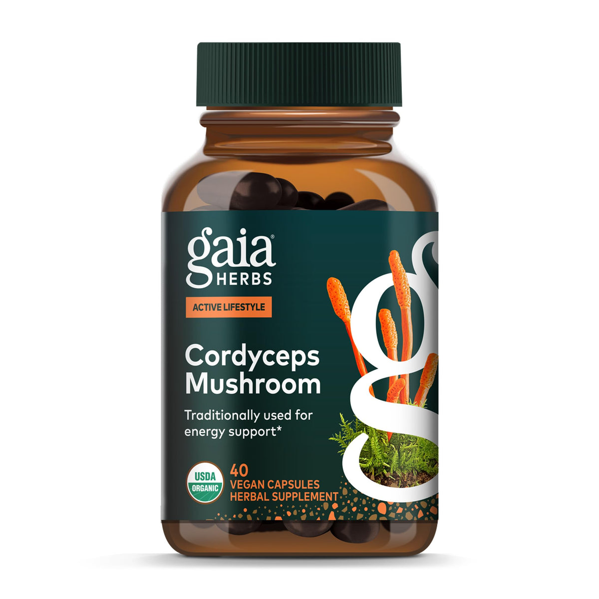 Gaia Herbs Cordyceps, bote de 40 servicios, apoyo a la energía sostenida diaria.